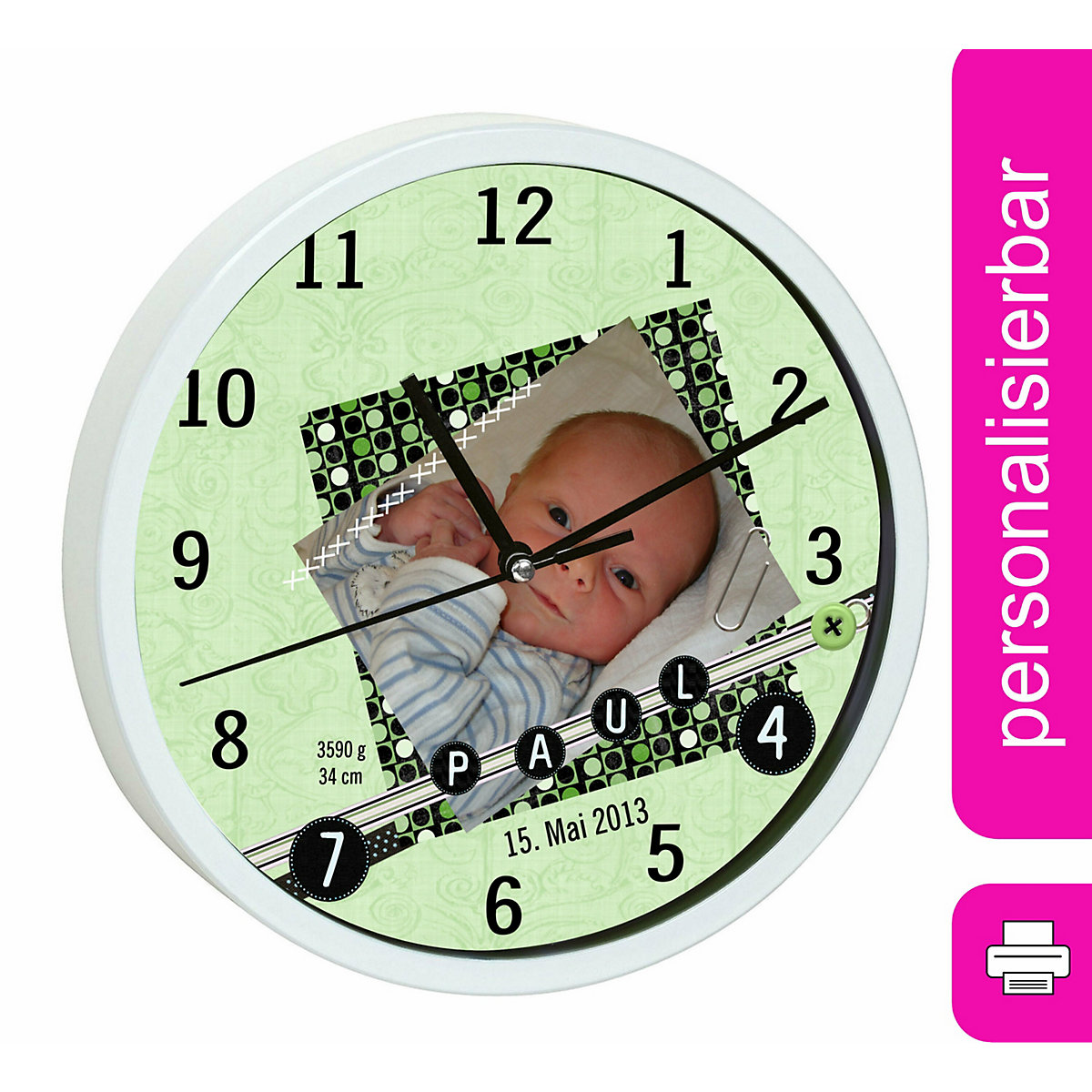 Kinder Wanduhr personalisiert mit Name Scrapbooking grün