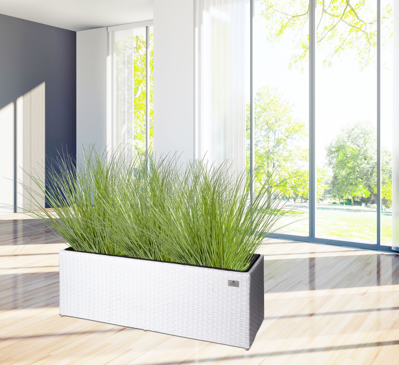 Weles Pflanzkübel Polyrattan 76 x 26 x 29,5 cm, für Innen und Außen, Kunststoffeinsatz, weiß
