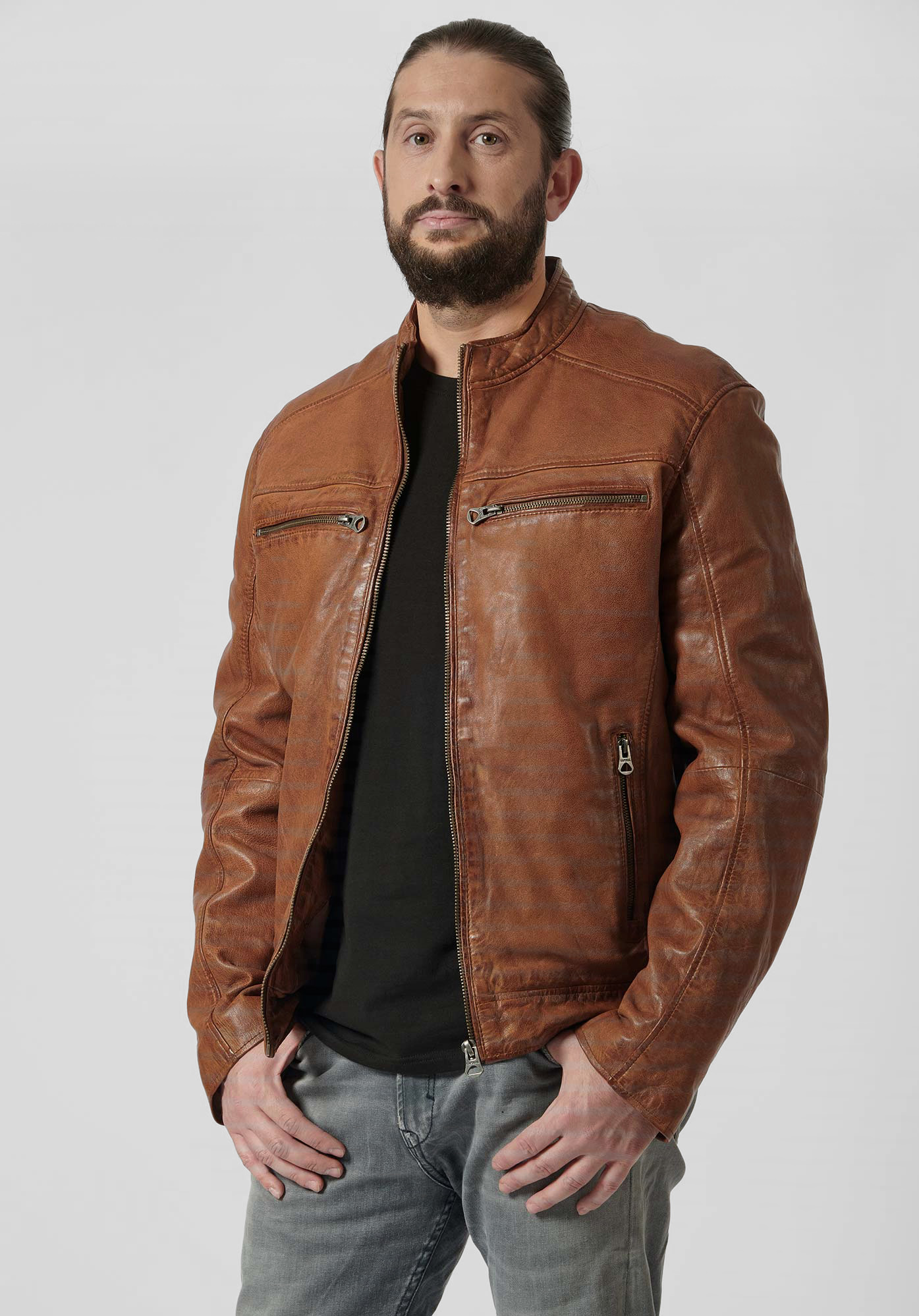 UNIQ   Veste en cuir marron Homme