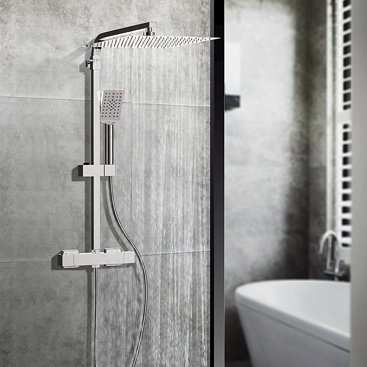 MULISOFT Duschsystem Duschset Regendusche mit Thermostat Edelstahl 30*30cm Regenduschkopf, Höhe 72 cm, 2 Strahlart(en), Brausegarnitur Duschkopf mit Schlauch,Duschstange,Duschsäule Duschset