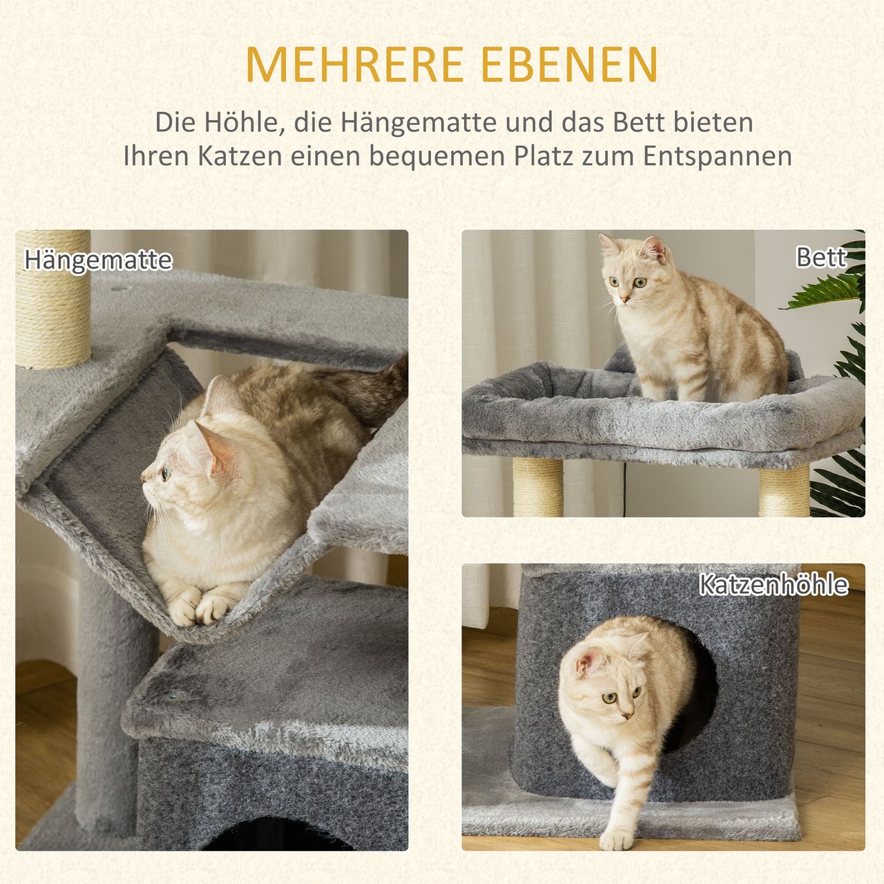 PawHut Katzenbaum 90 cm Kratzbaum mit Hängematte Katzenkratzbaum Plüsch Sisal