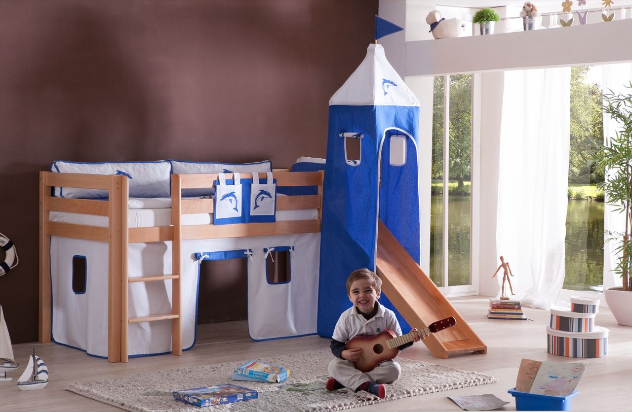 Relita Halbhohes Spielbett ALEX mit Rutsche/Turm Buche massiv natur lackiert mit Stoffset weiß/delfin