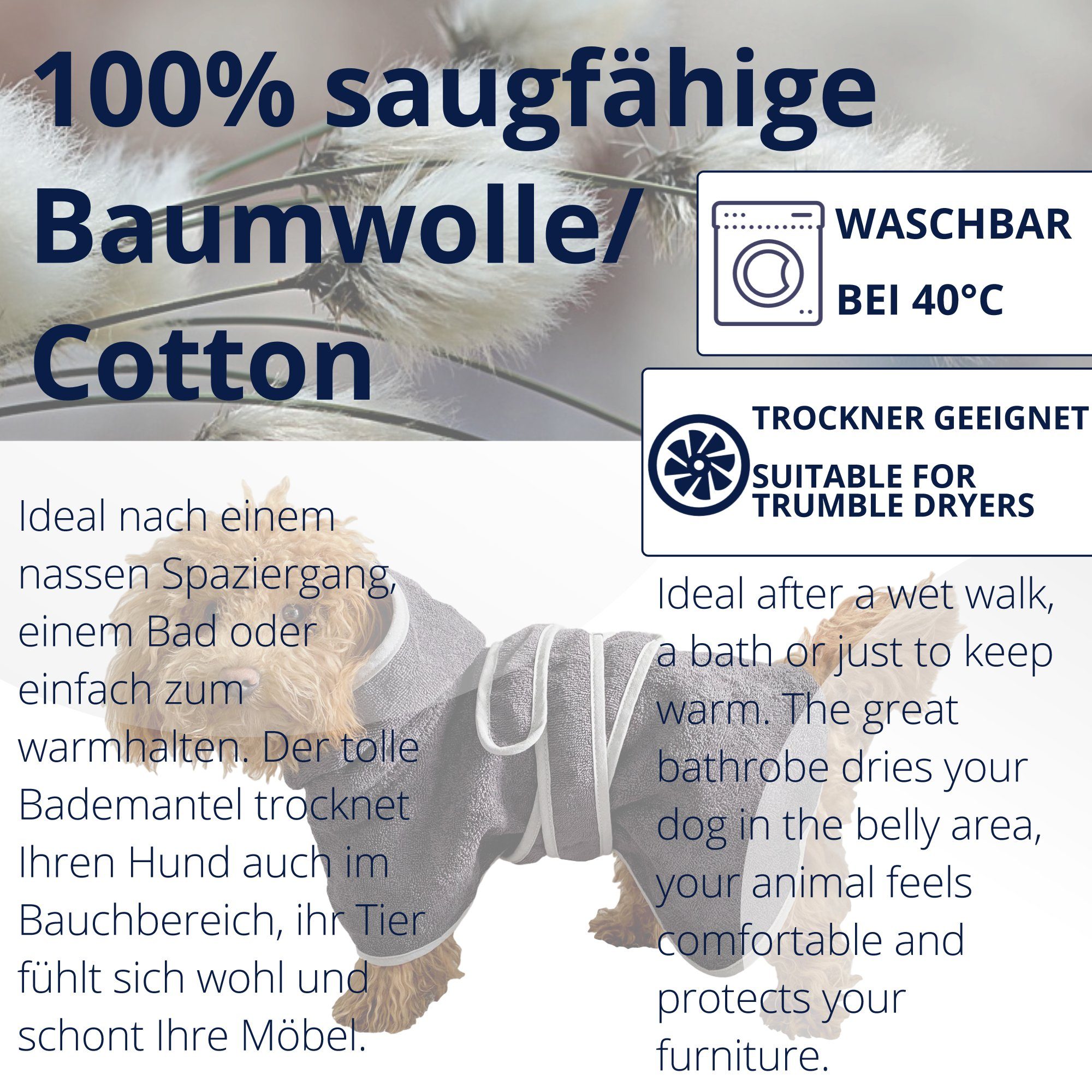 HOMELEVEL Hundebademantel Weicher und bequemer Hundebademantel mit Kapuze und Gürtel