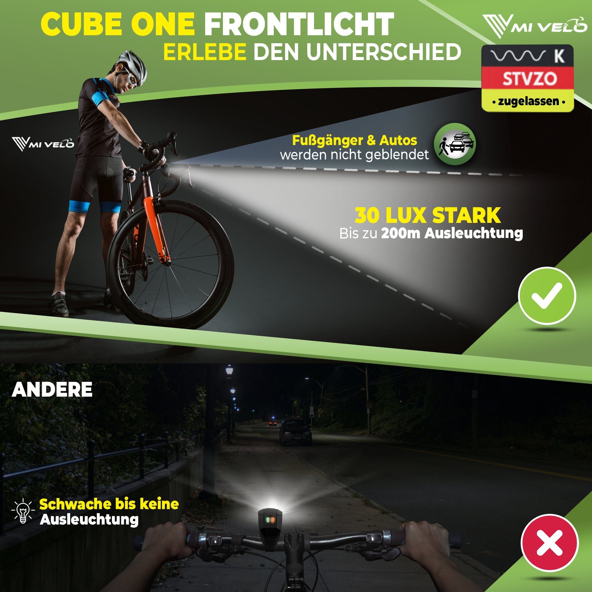 MIVELO Fahrradbeleuchtung CUBE ONE Fahrradlicht Set USB aufladbar StVZO zugelassen wasserdicht