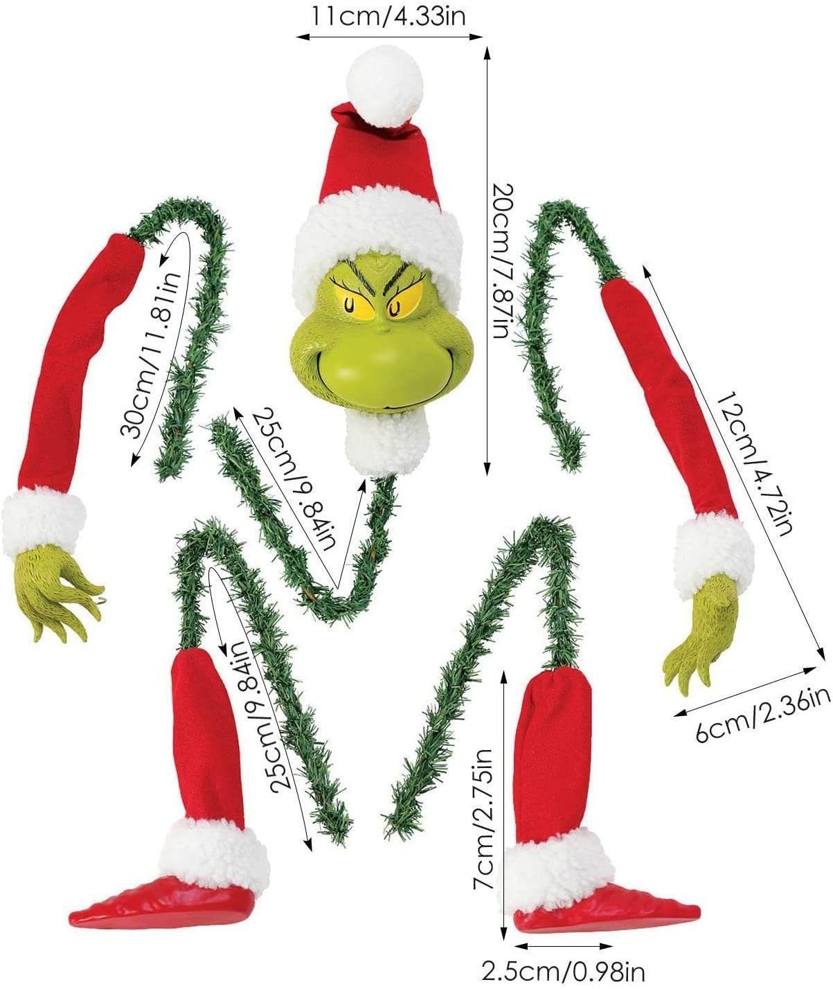 DOPWii Christbaumschmuck Grinch Weihnachtsbaum Dekoration,Elfen Kopf,Arme,Beine, Weihnachtself gefüllte Stuck Topper Girlande Ornamente