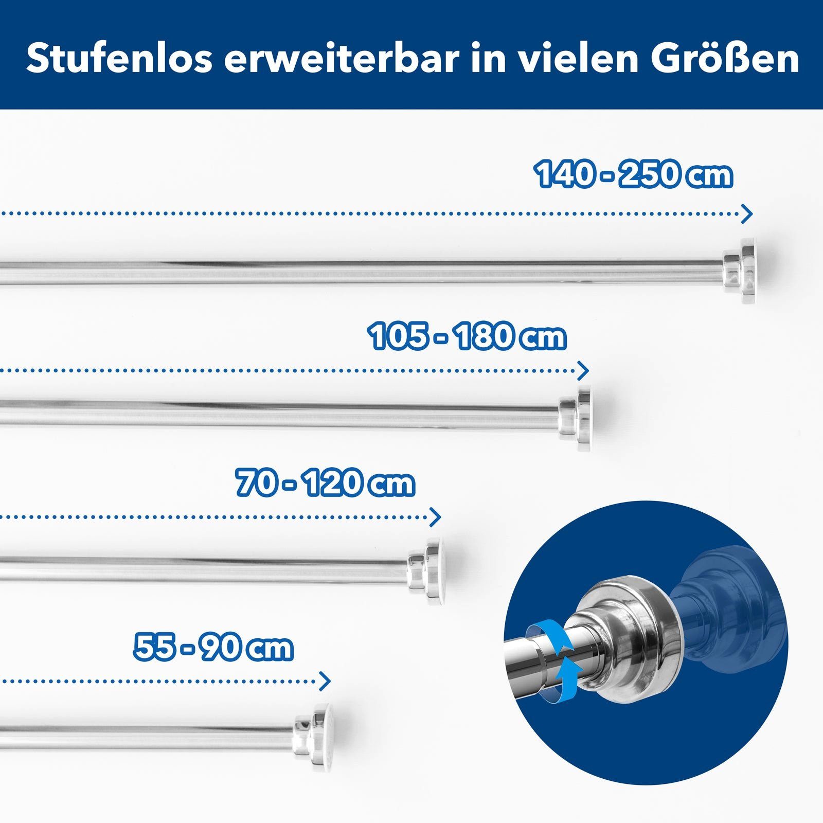 Duschvorhangstange stufenlos verstellbar, Inkl. 12 Duschringe, Karat, ausziehbar, geklemmt