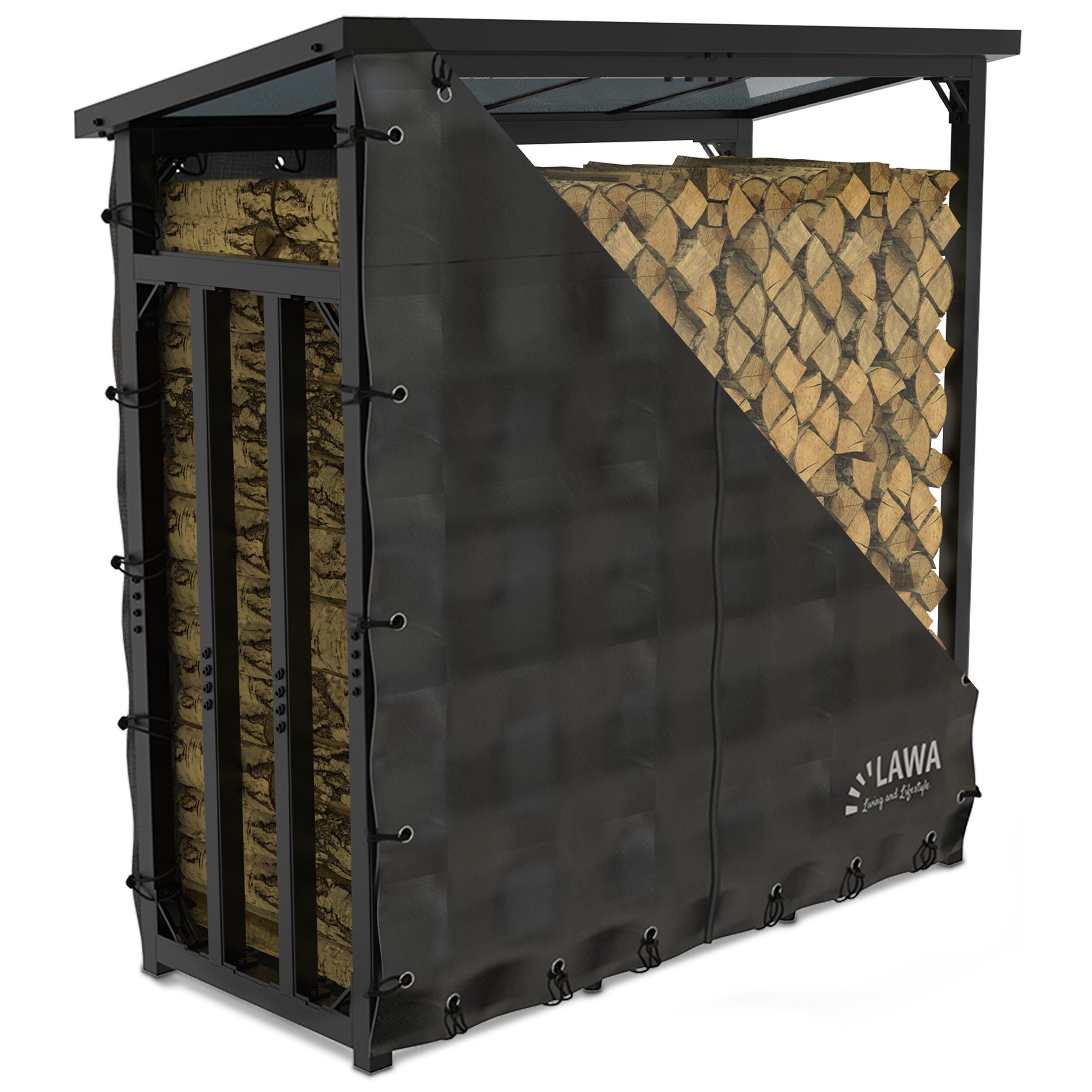 LAWA Living and Lifestyle Kaminholzregal Metall mit Dach VERZINKT Feuerholz Regal Brennholzregal außen 3t, BxTxH:188x70x188 cm, (mit Plane, mit Abdeckung), Stapelhilfe Brennholz, für ca. 2,3³ RM, Stahl, Schwarz