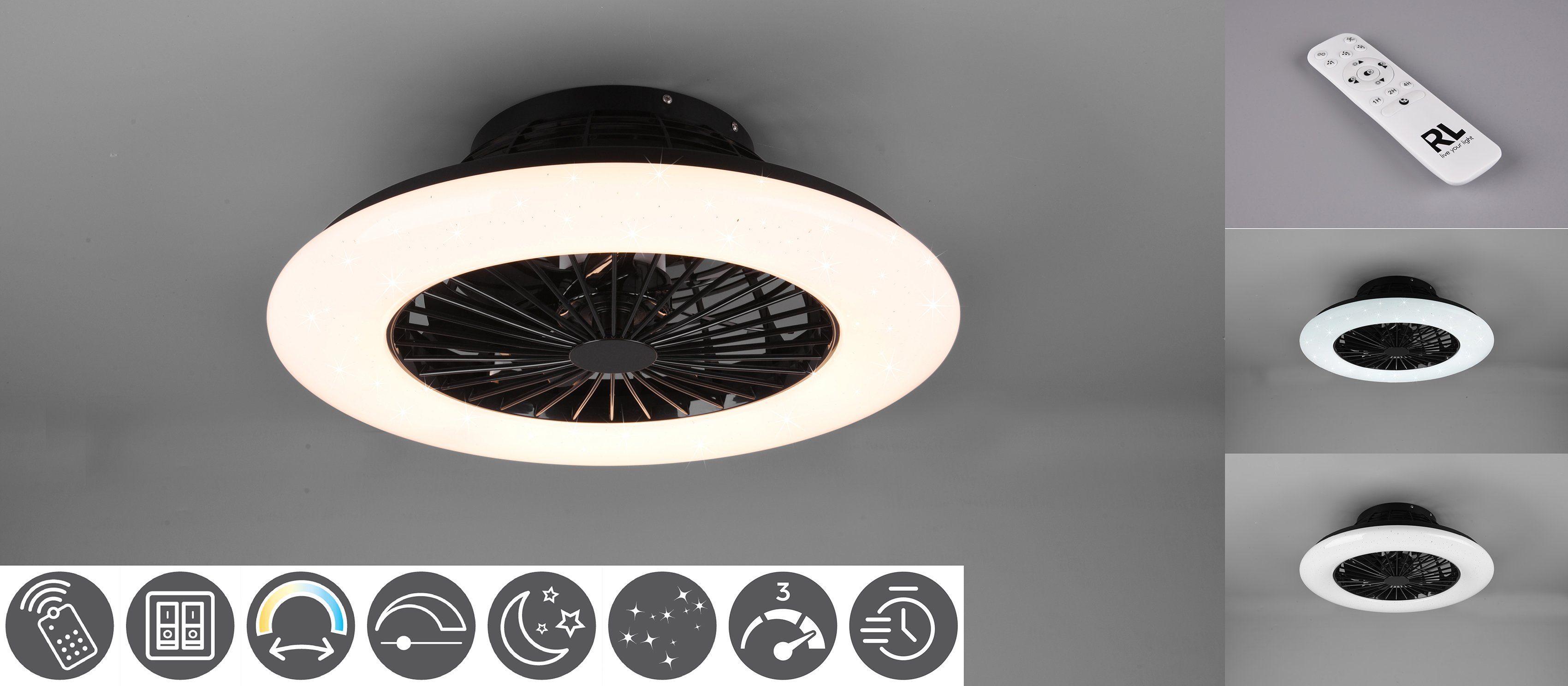 TRIO Leuchten LED Deckenleuchte Stralsund, Timerfunktion, Ventilatorfunktion, LED fest integriert, Neutralweiß, mit Ventilator, Fernbedienung., Leuchte/ Ventilator getrennt schaltbar