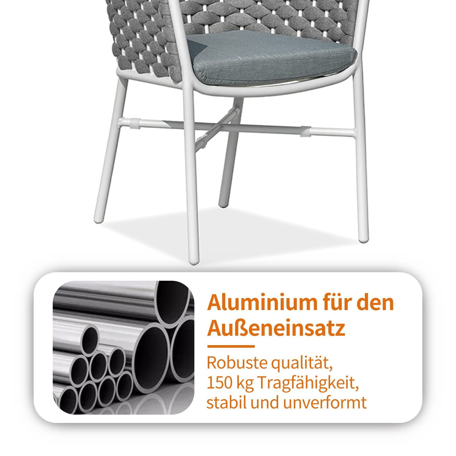 OKA Rattanstuhl Gartenstuhl-Set mit 2 Stück 58x57x79 cm, Mit Kordelgeflecht und weichem Sitzkissen, Edelstahlgestell