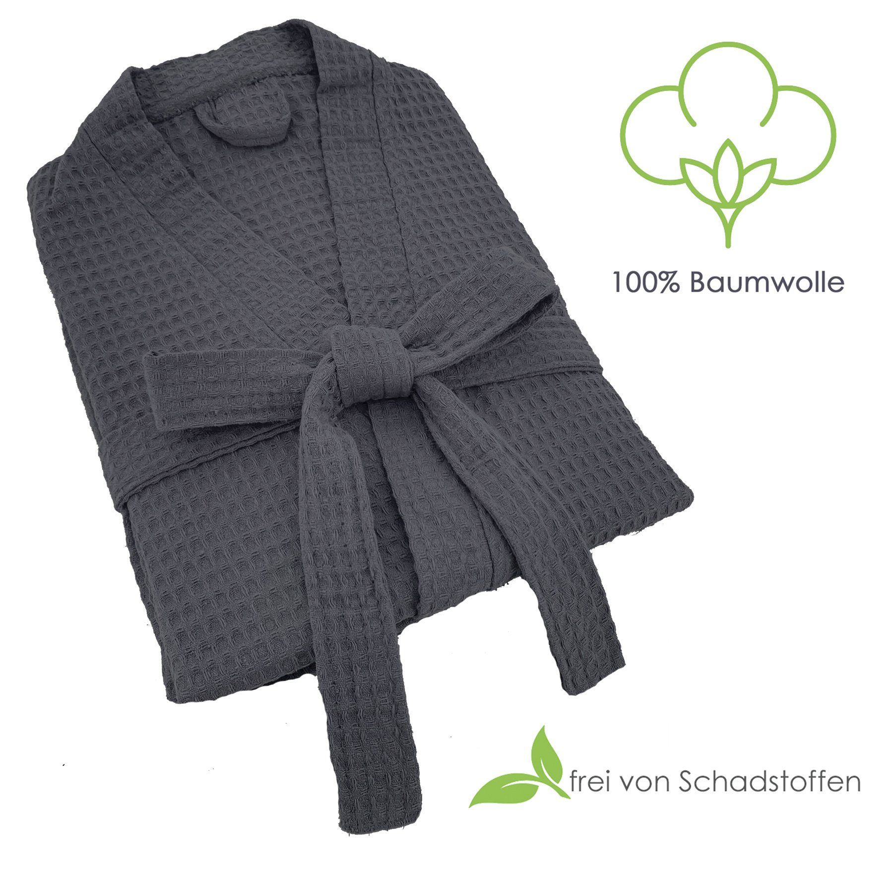 heimtexland Bademantel Reisebademantel Saunamantel Waffelpique Bademantel, Midilänge, 2 Taschen I Bindegürtel, leicht I atmungsaktiv I schadstoffgeprüft I kleines Packmaß