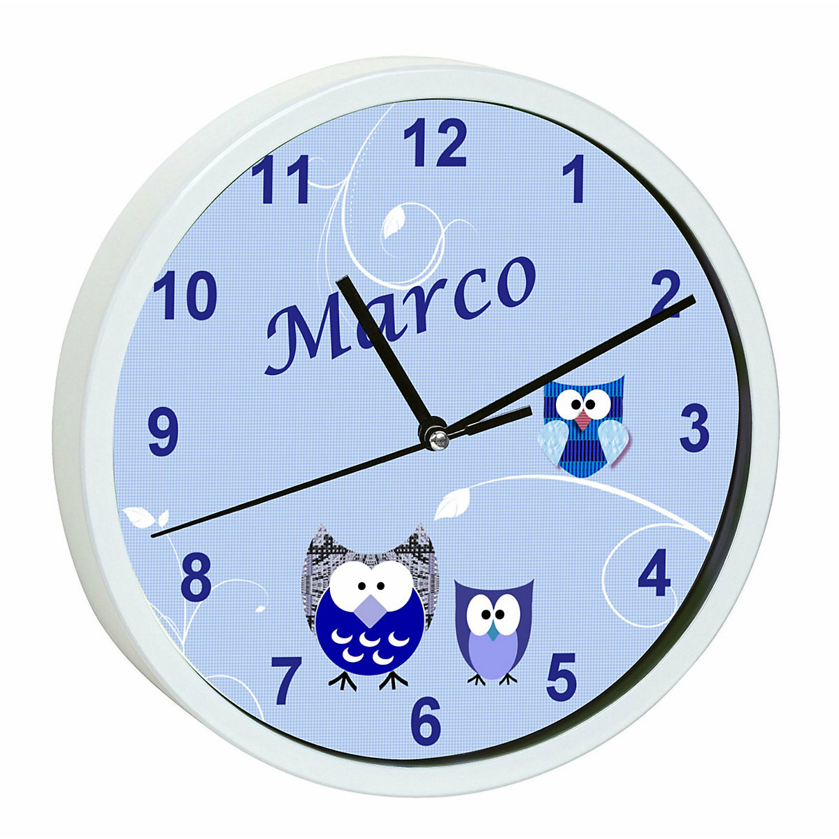 Kinder Wanduhr personalisiert mit Name Eule Blau