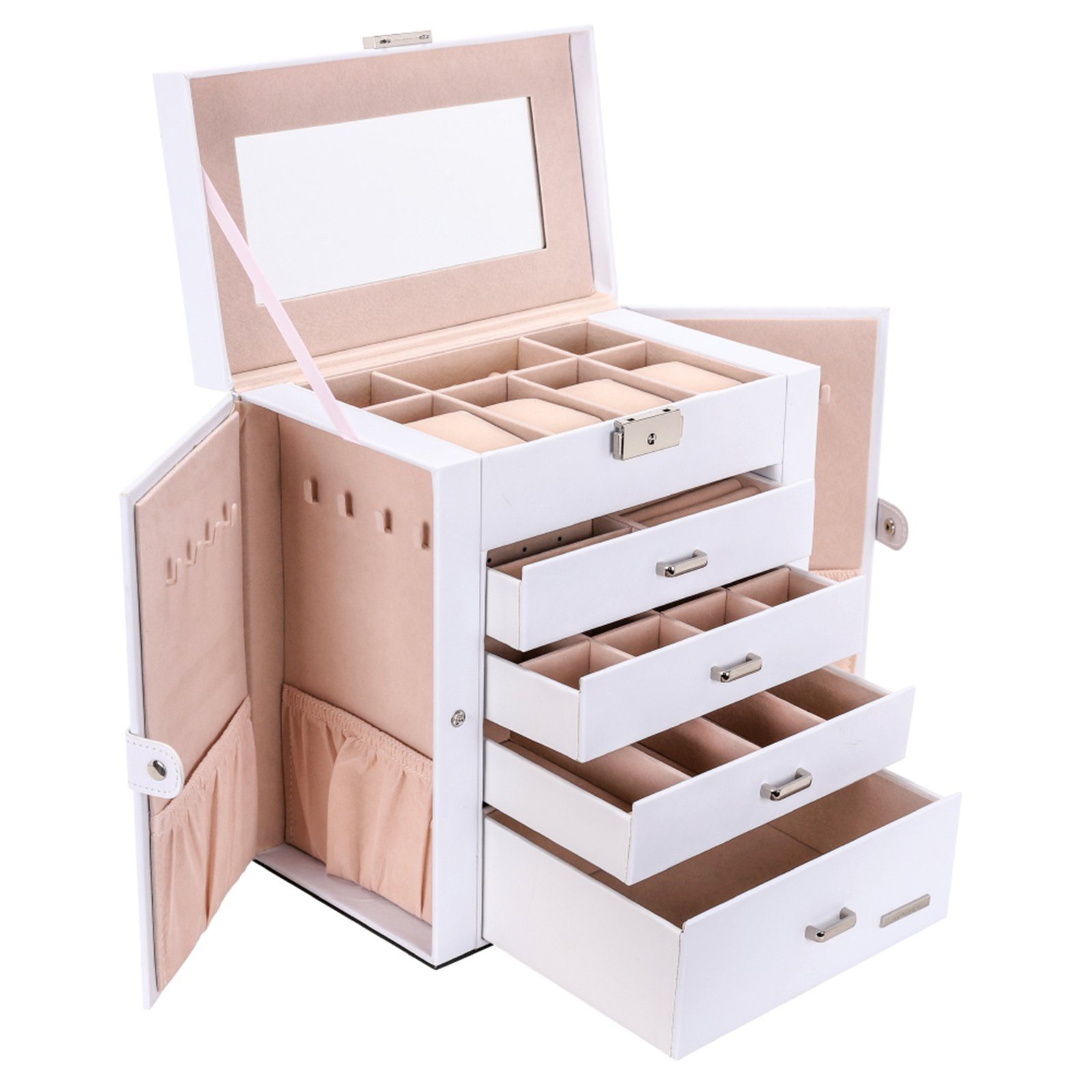 Yorbay Schmuckkasten Schmuckkoffer mit 5 Ebenen, 2 Seitenfächern, Weiß (Mit Spiegel), Schmuckkästchen, abschließbar, für Halsketten, Uhren, Ringe, Brille