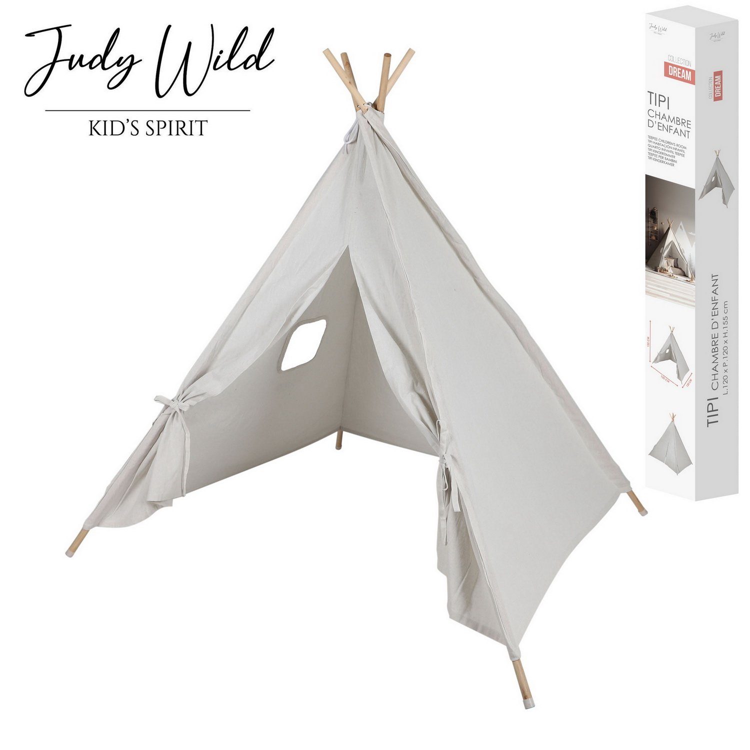 Judy Wild Tipi-Zelt Kinder Zelt Tipi Kinderzelt, (Gestell aus Eukalyptusholz, Stoff aus 60% Baumwolle, 40% Polyester, (LxBxH) 120 x 120 x 155 cm), mit kleinem Fenster, ab 24 Monate