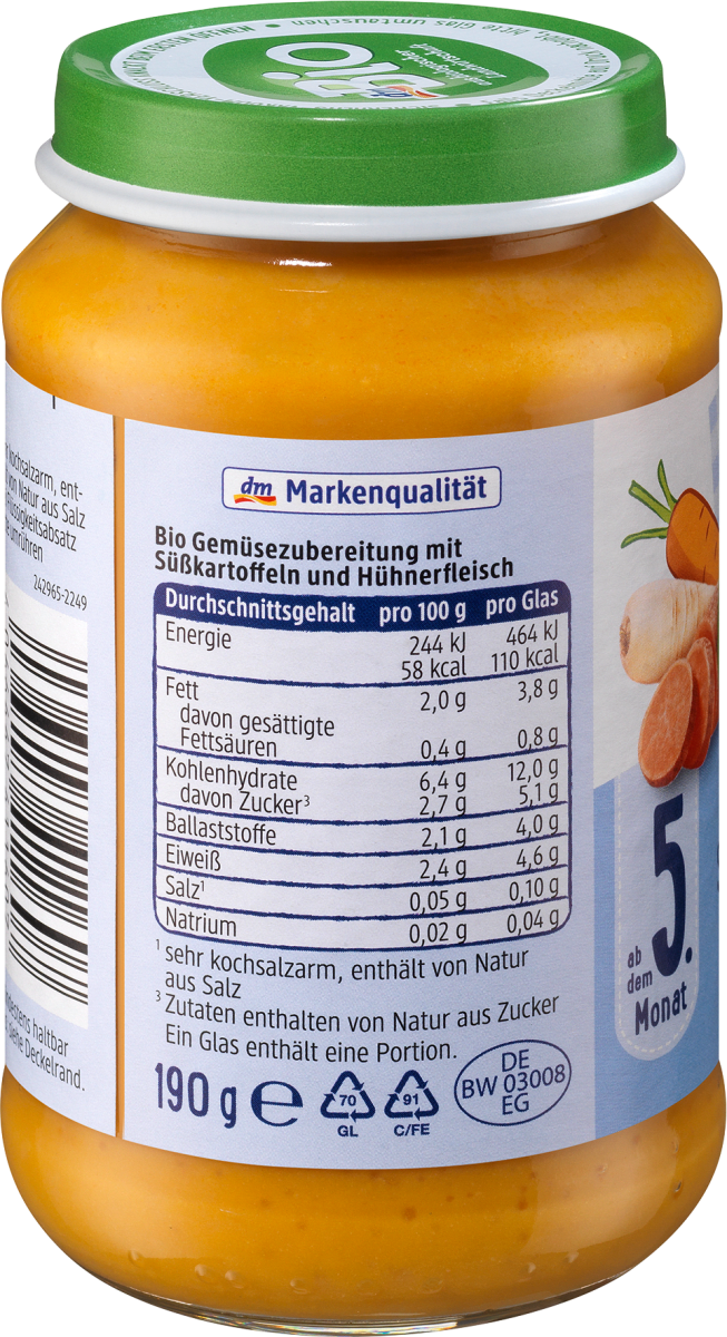 Menü Gemüse mit Süßkartoffeln und Huhn ab dem 5. Monat, 190 g