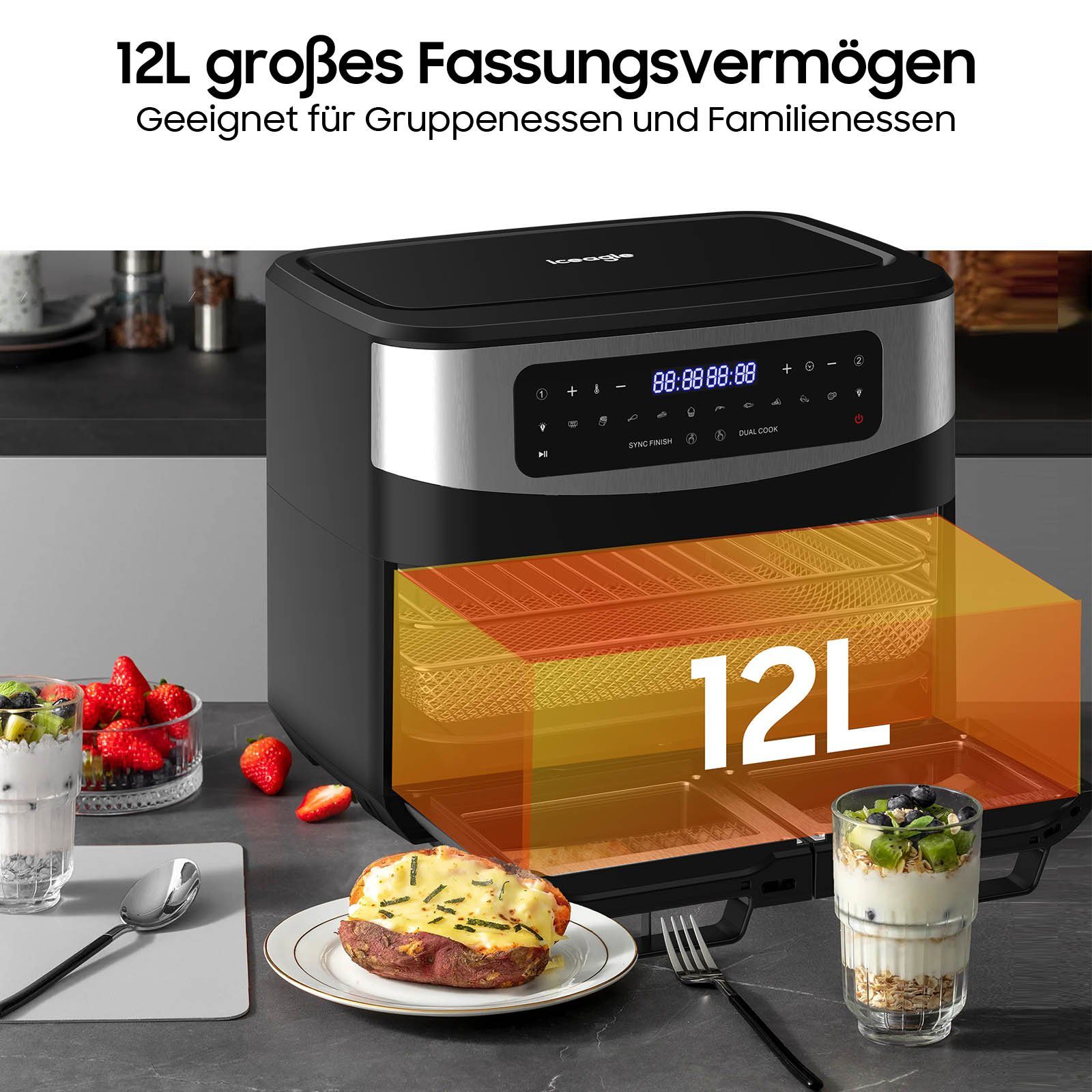iceagle Heißluftfritteuse 5511D XXL, Air fryer 12L ohne fett, LED Touchscreen,Braten, 2200,00 W, LED Touchscreen, spuelmaschinengeeignet, Sync Finish Funktion, ohne Ol