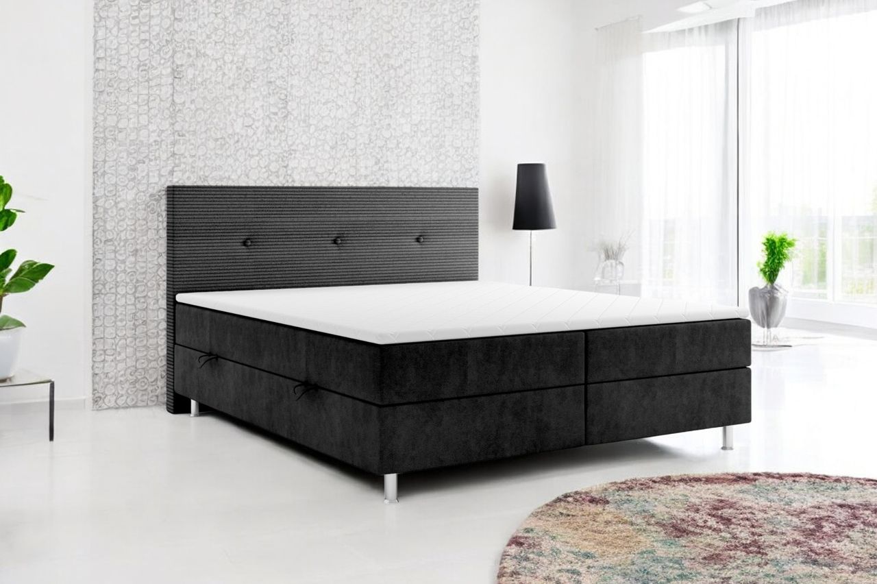 Möbel Punkt Boxspringbett RIO mit Bettkasten 180 x 200 cm Webstoff Schwarz Bett Bettkasten Topper