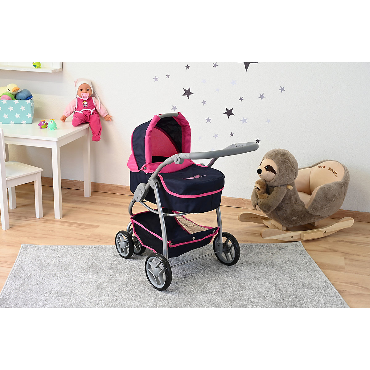 Kombi-Puppenwagen Coco - flying hearts blue pink