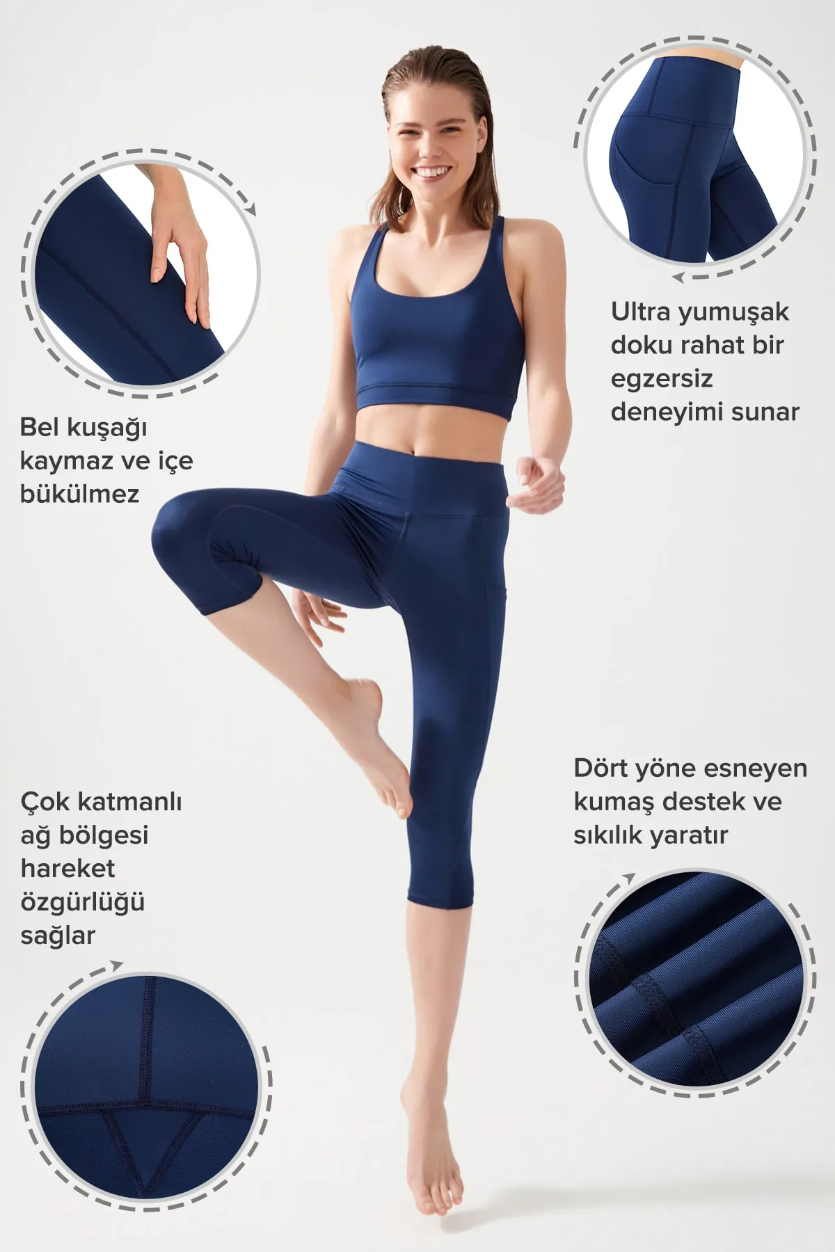 LOS OJOS  Marineblaue Capri-Leggings mit hoher Taille und glättenden Doppeltaschen unterhalb des Knies für Damen