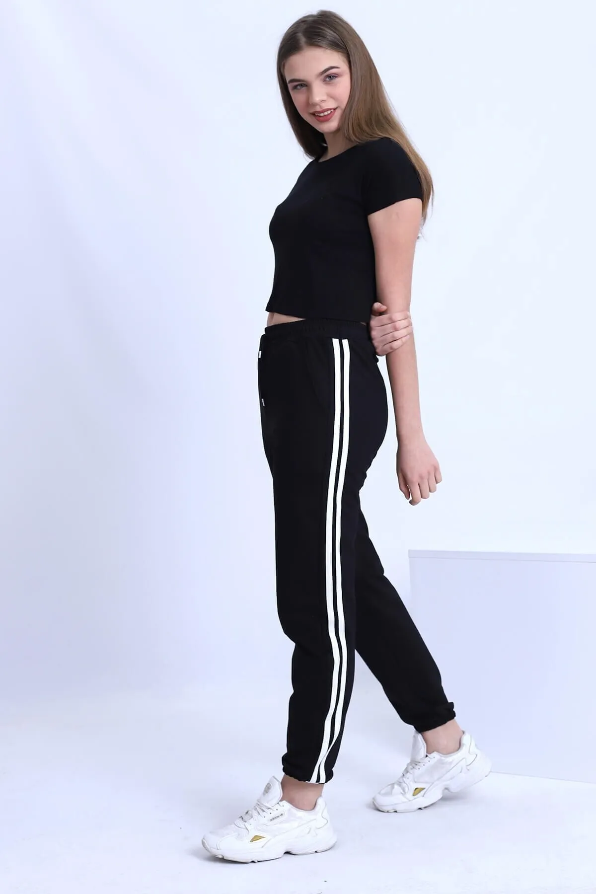 Deafox  Schwarze Jogginghose mit hoher Taille und Streifendetail