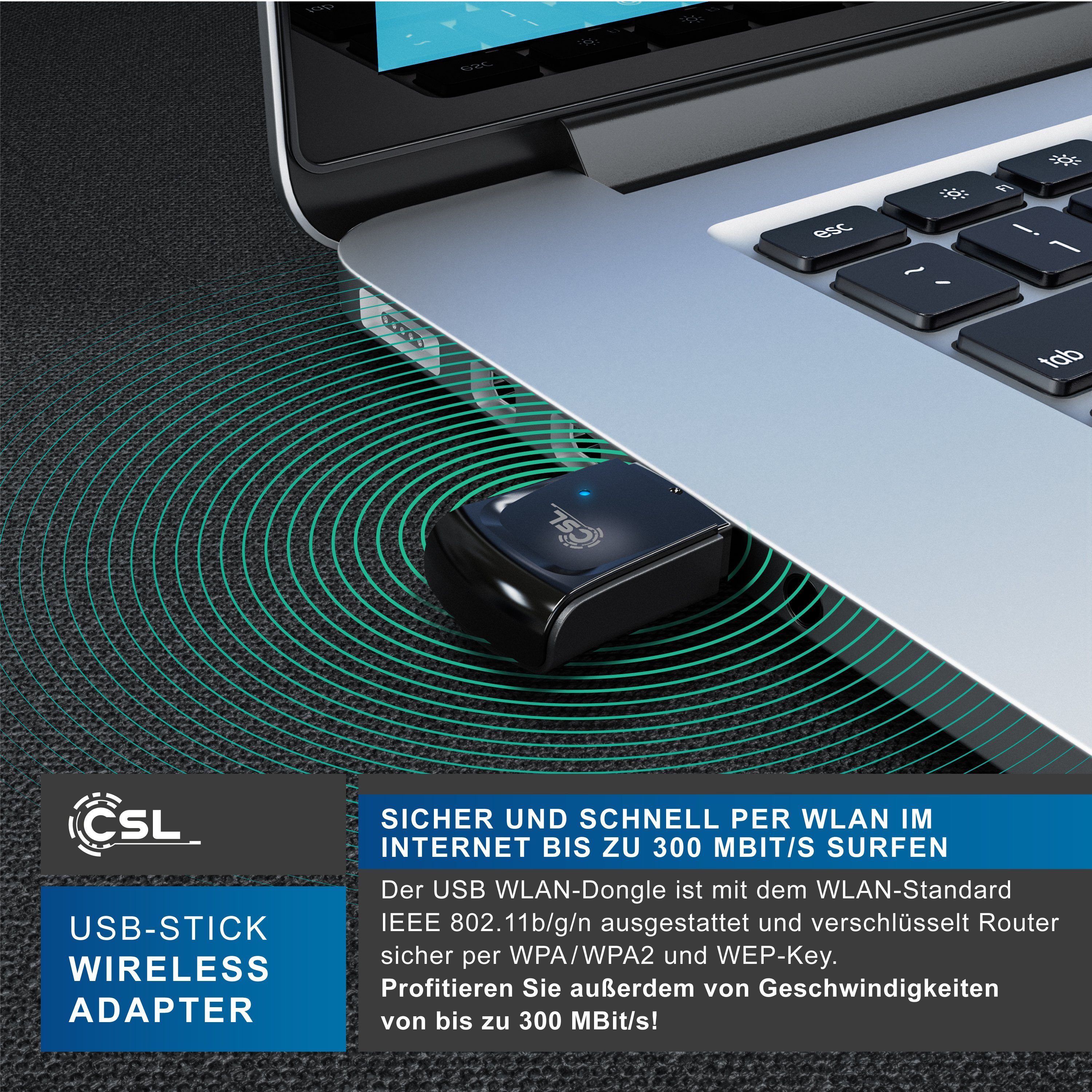 CSL WLAN-Dongle, 300 Mbit/s USB Stick WiFi Adapter 2,4 Ghz 2T2R, Verstärkung 18 dBm