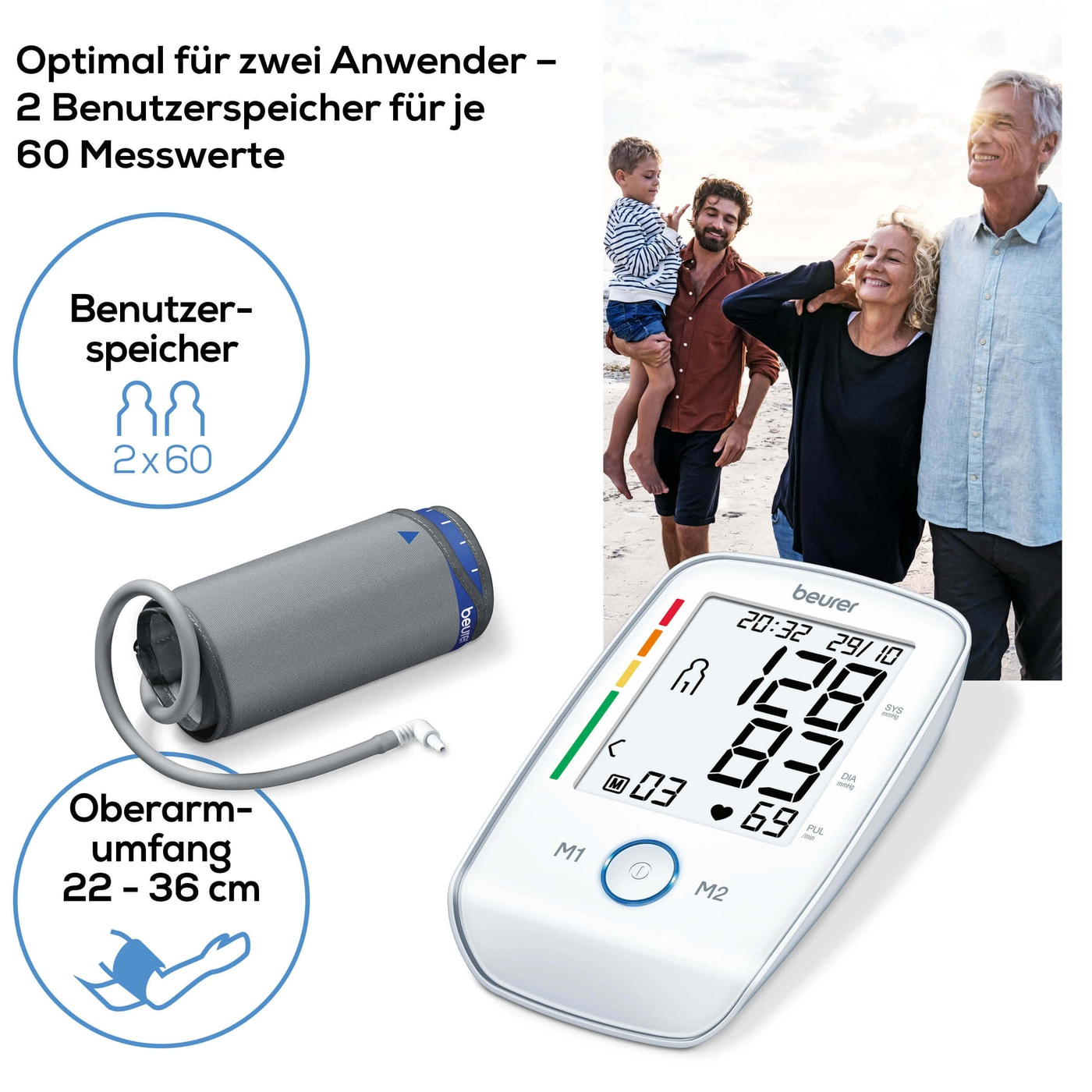 Beurer Oberam-Blutdruck-messgerät BM 45-Beleuchtetes Oberarm-Blutdruckmessgerät mit ergonomischen XL-Display