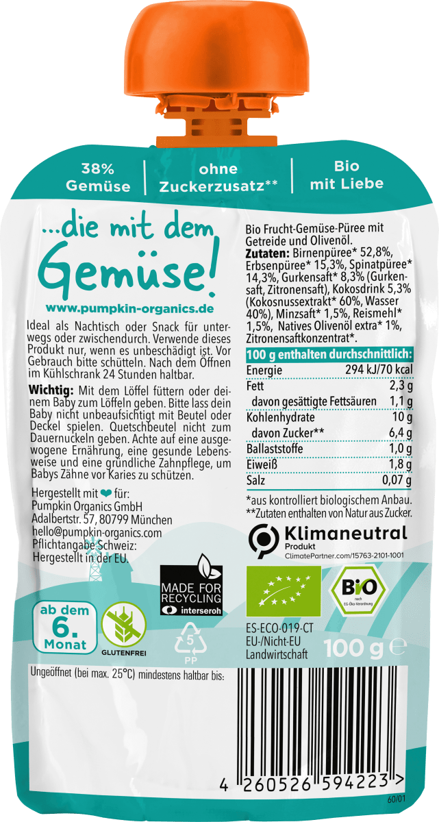 Quetschie Birne, Erbsen, Spinat, Gurke, Kokos & Reis, ab 6 Monaten, 100 g