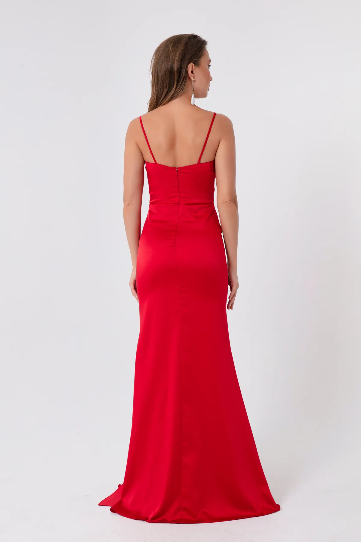 Lafaba  Rotes langes Abendkleid und Abschlusskleid aus Satin mit Trägern für Damen