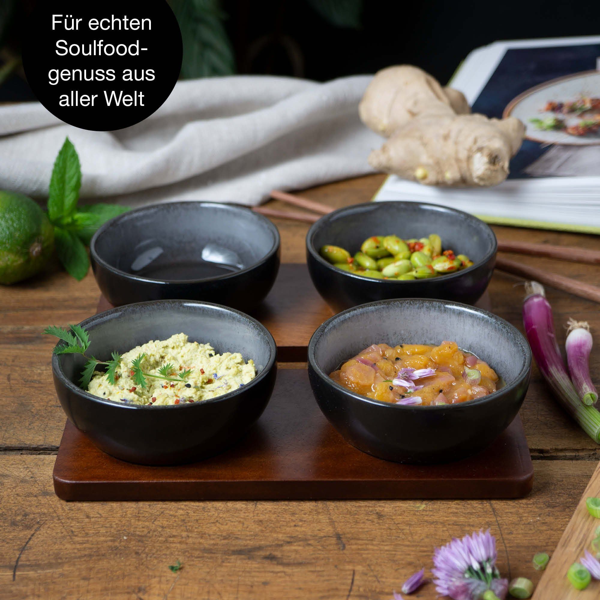Moritz & Moritz Dipschale 6tlg Dip Schalen Set mit Brett, Porzellan, Sandelholz, (Set, 6-tlg, 6-tlg), 10cm Ø für Snacks, Dessert, Dips und Saucen