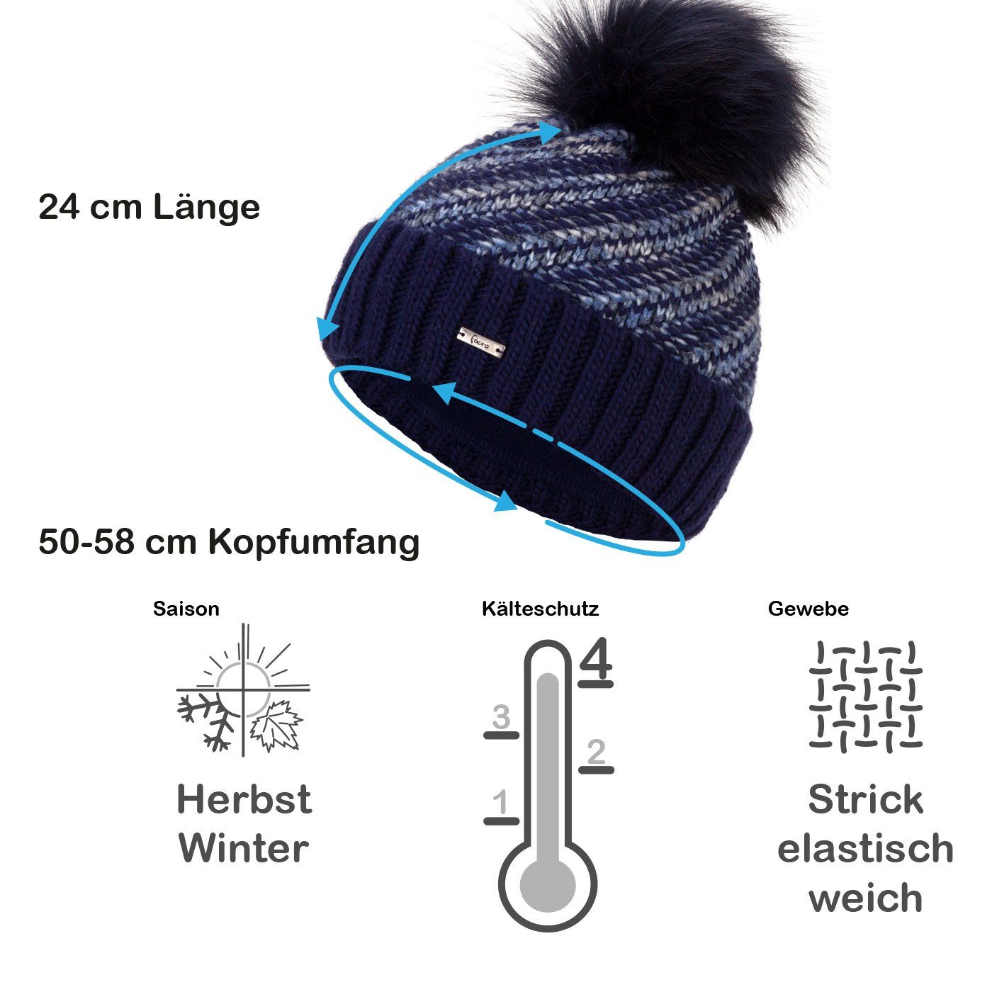 Faera Bommelmütze Wintermütze Damen Winter Mütze Beanie Haube gefüttert Strickmütze
