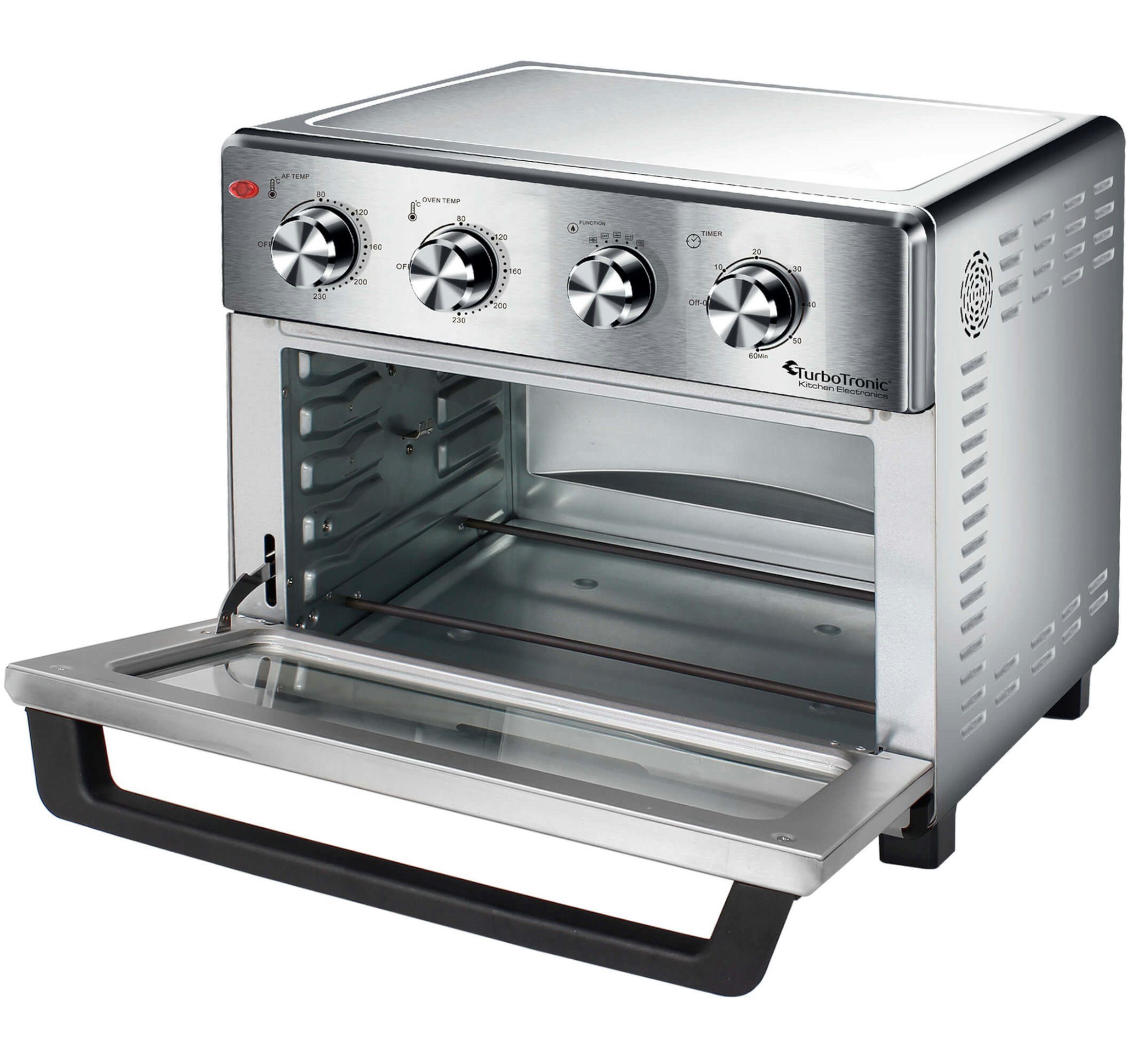 TurboTronic by Z-Line Minibackofen XXL 32 Liter mit Drehspieß für Hähnchen 4in1 Mini Backofen, Power Heißluftfritteuse Airfryer ab 80°C AF32MRD silber