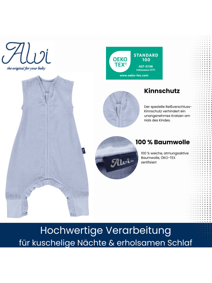 Alvi Sleep-Overall Mull-Schlafsack light Exklusiv in Blaugrau günstig kaufen