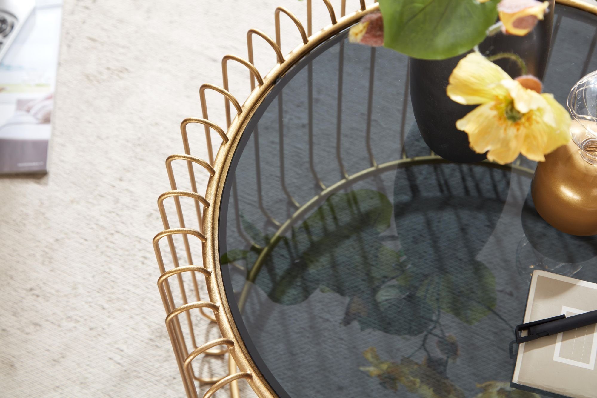 FINEBUY Couchtisch FB41451 (60x60x40 cm Gold, Sofatisch Metall Glas Rund), Wohnzimmertisch Korbtisch, Tisch Wohnzimmer