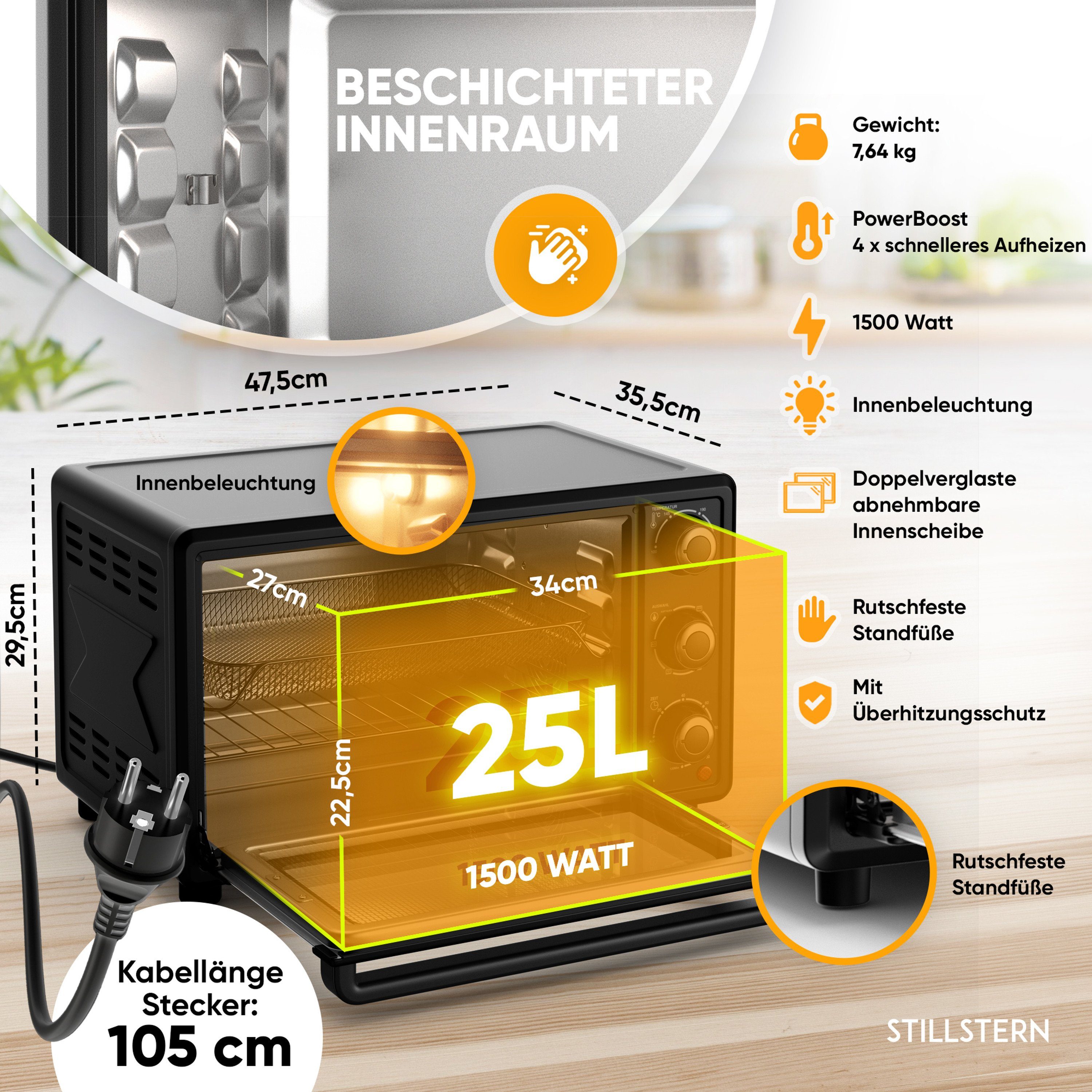 Stillstern Minibackofen MB25-MX 2G (25L) Deutsche Version, Ofenhandschuhe, Rezeptheft, Drehspieß, Timer, Innenbeleuchtung