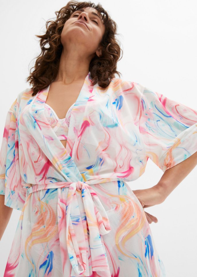 Kurzarm-Kimono aus bedrucktem Mesh