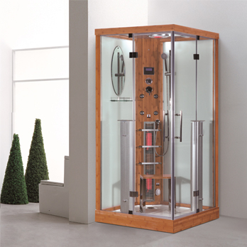 PureHaven 2in1 Dampfdusche & Infrarotsauna 100x100x215 cm Aluminiumrahmen komplettem Zubehör Tropenbrause Sitzfläche Radio Massagefunktion holzfarben