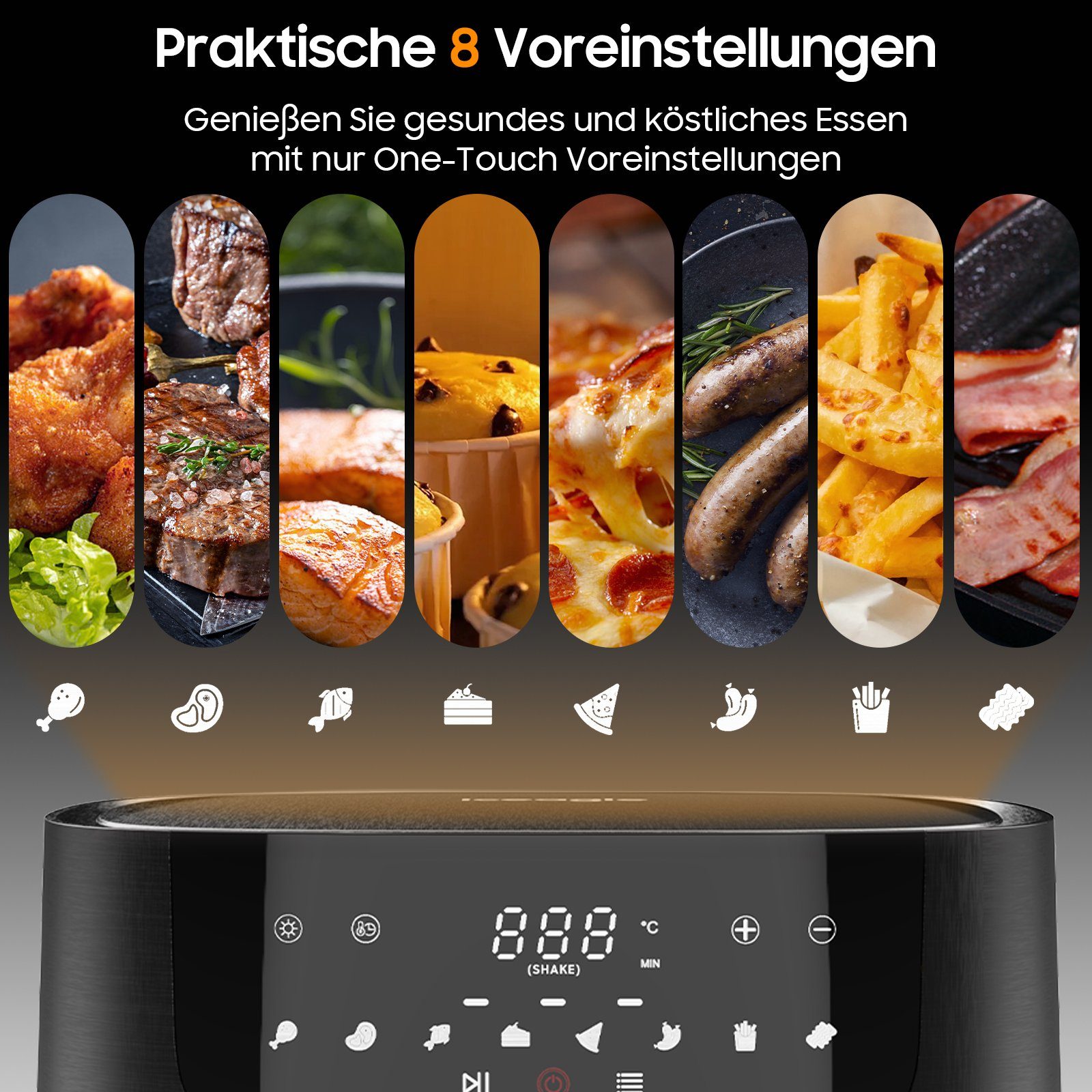 iceagle Heißluftfritteuse Heißluftfritteuse 9L AirFryer XXL, Heizluft Fritteuse, 1800,00 W, mit Großes Sichtfenster, 8 Programmen, Led Touchscreen, Ohne Öl