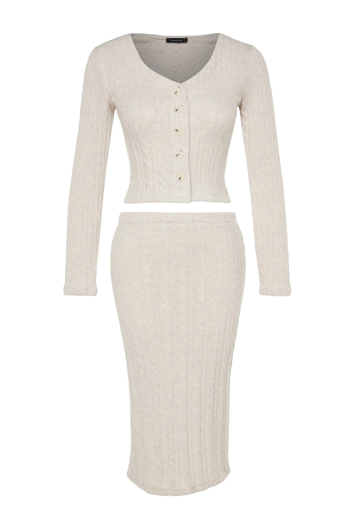 Trendyol Collection  Zweiteiliges Strickset mit V-Ausschnitt, Crop-Top und Midi-Cardigan mit Knopfleiste und Rock aus Stein TWOAW24AU00108