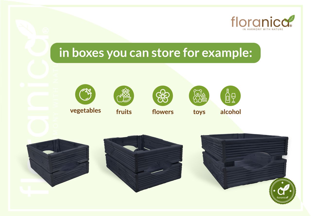 Pemicont Floranica Holzkiste Lärche Anthrazit 3er Set Gartendeko Aufbewahrungsboxen Obstkisten Blumentopf Holz Kiste Spielzeugkiste