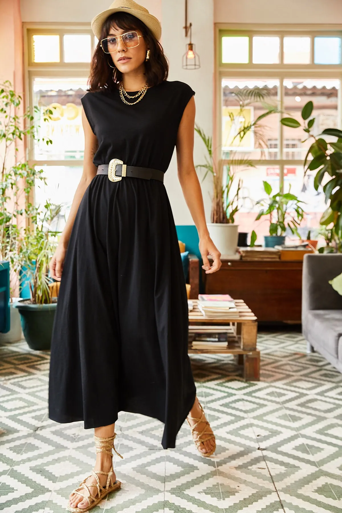 Olalook  Damenkleid aus gekämmter Baumwolle mit elastischem Bund in Schwarz ELB-19001509