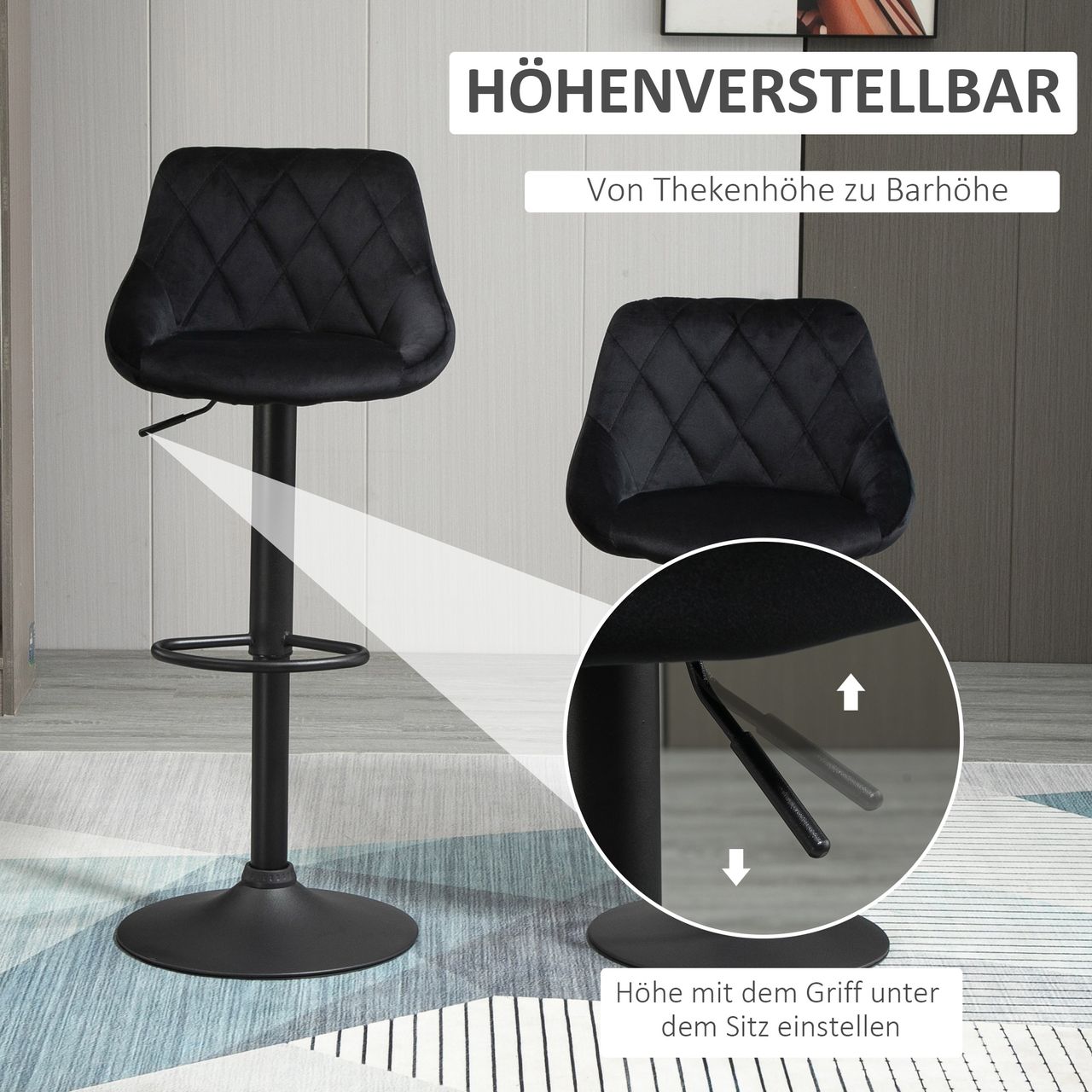 HOMCOM 2er-Set Barhocker, Drehstuhl, höhenverstellbarer Bistrohocker, Barstuhl mit Fußstütze, Rückenlehne, Tresenhocker, Samt, Metall, Schwarz, 46 x 48 x 83-104 cm