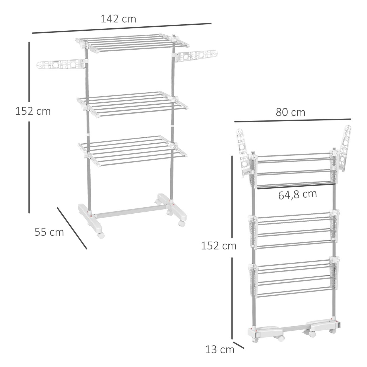 HOMCOM Mobiler Wäscheständer Wäschetrockner Kleiderständer 3 Ebenen klappbar Rolle 80-142 x 55 x 152 cm