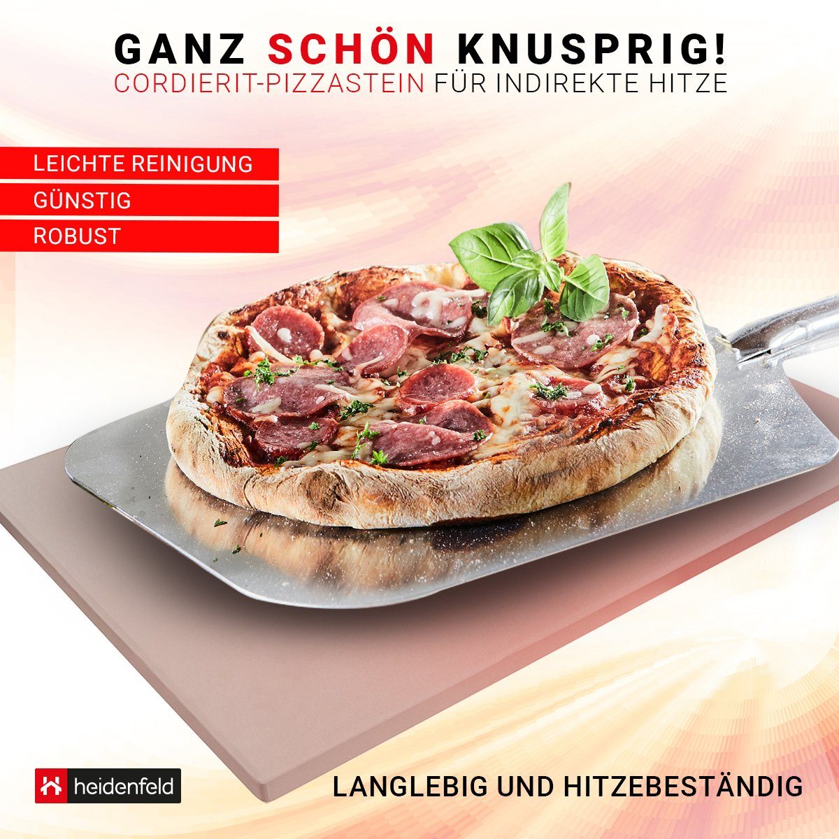 Heidenfeld Pizzastein für Backofen 46,5 x 35,5 x 1,5 cm - Deutsche Qualitätsmarke, Cordierit, (rechteckig, 1-St., rechteckig Pizzastein für Grill), Cordierit - Gasgrill - Steinplatte
