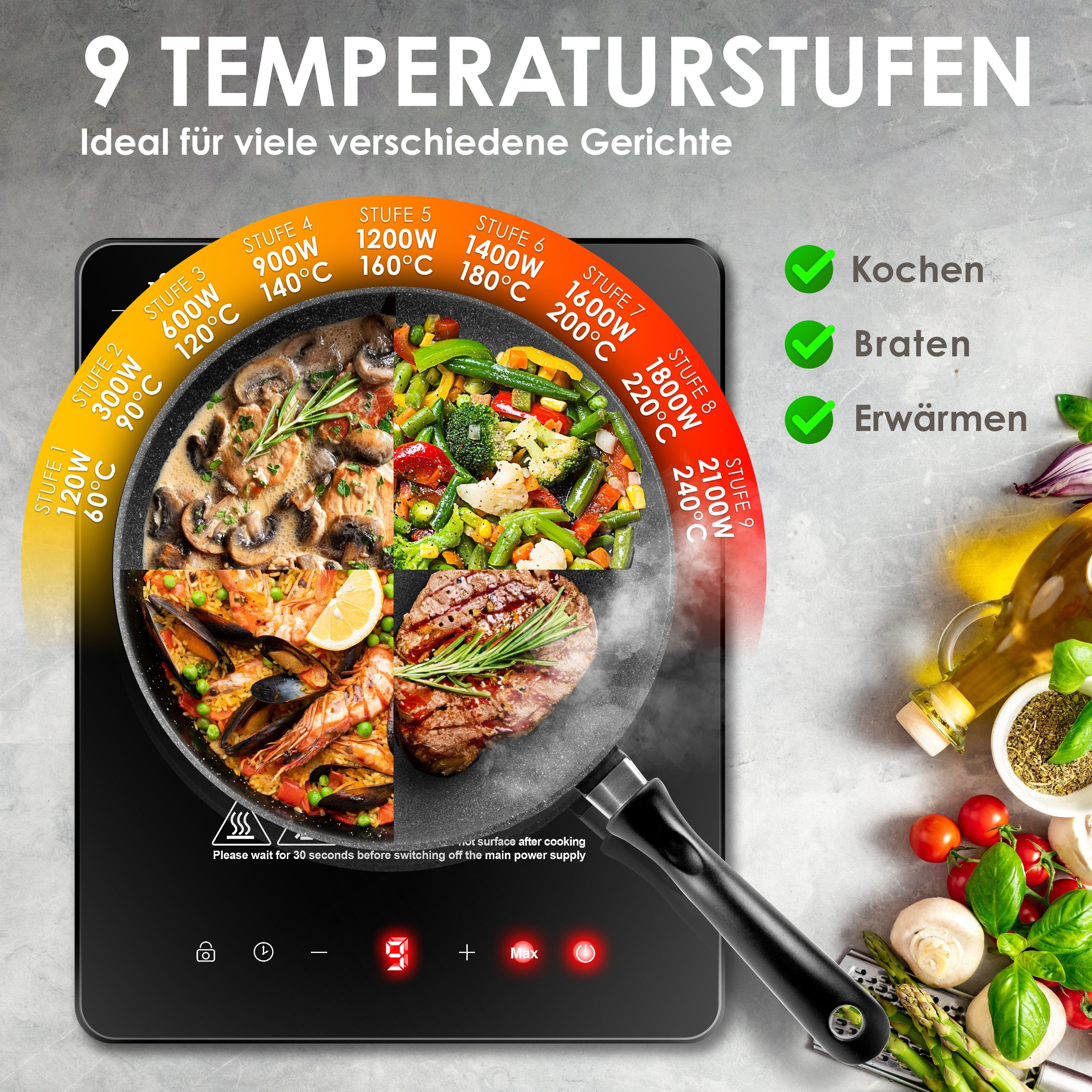 KESSER Einzel-Induktionskochplatte, Induktionskochplatte Induktionskochfeld 1 Platte 2100W Tragbar