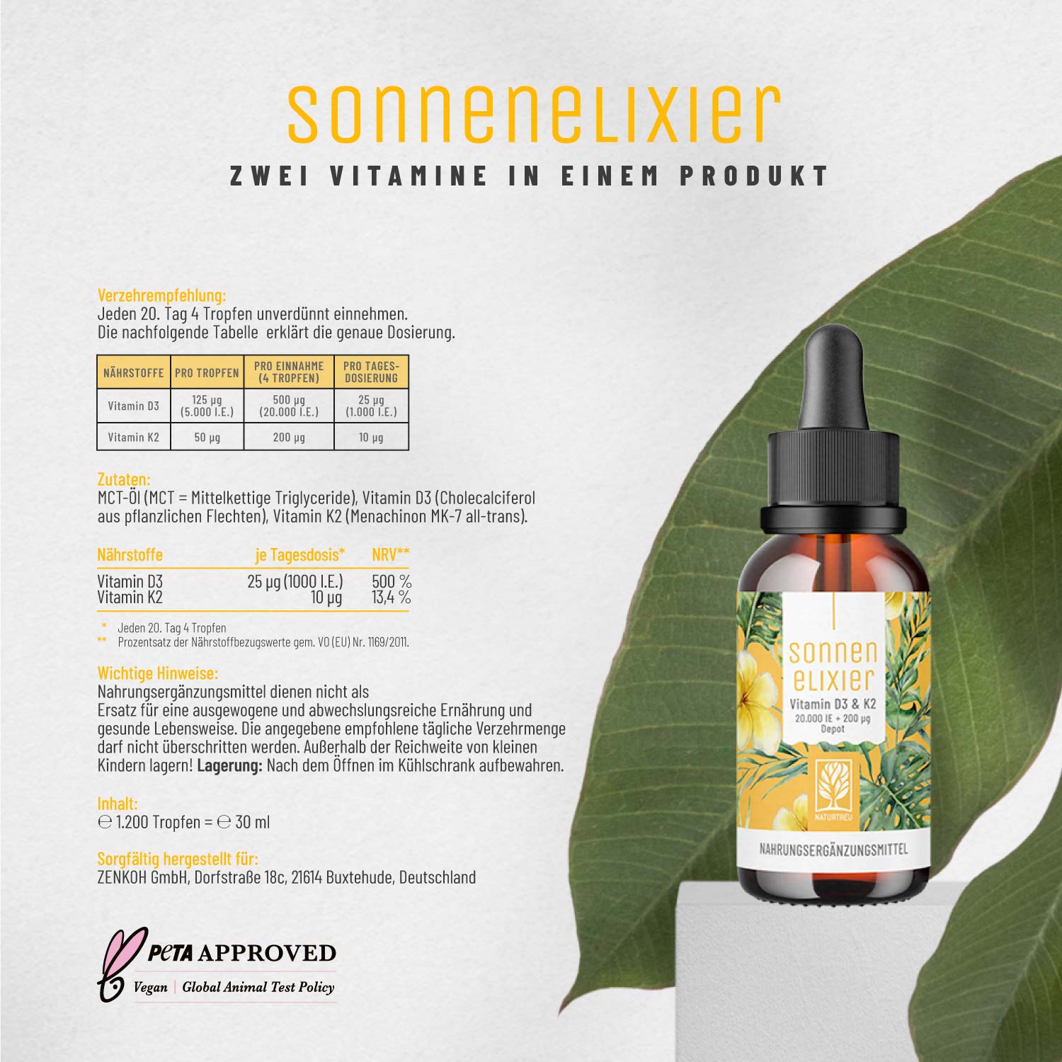 Vitamin D3 & K2 Tropfen Depot mit 20.000 I.E. - Sonnenelixier - NATURTREU®
