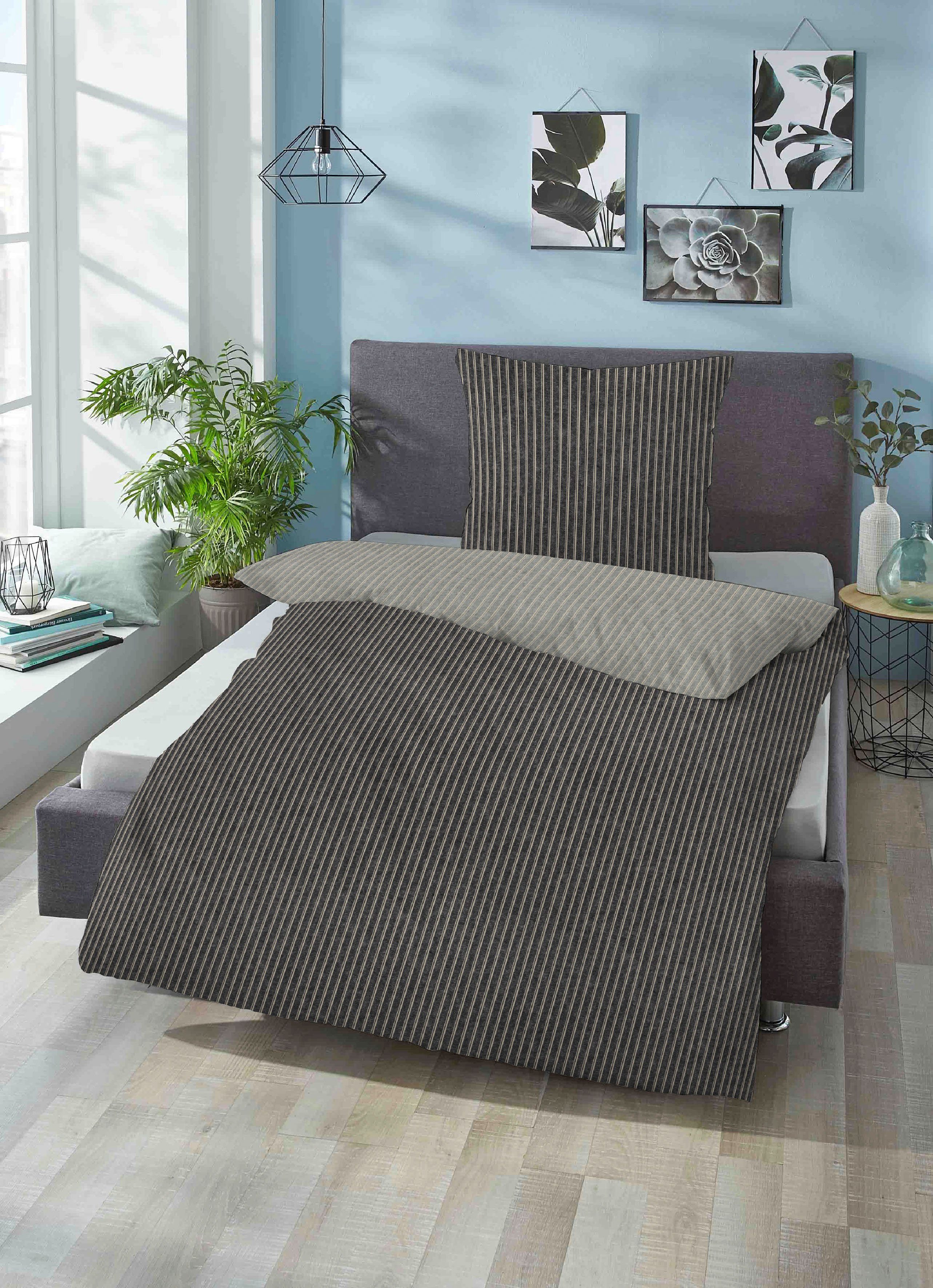 Wendebettwäsche Tillmann in Gr. 135x200 oder 155x220 cm, Biberna, Flanell, 2 teilig, Flanell kuschelig warm im Winter, gestreifte Bettwäsche mit Wendeoptik