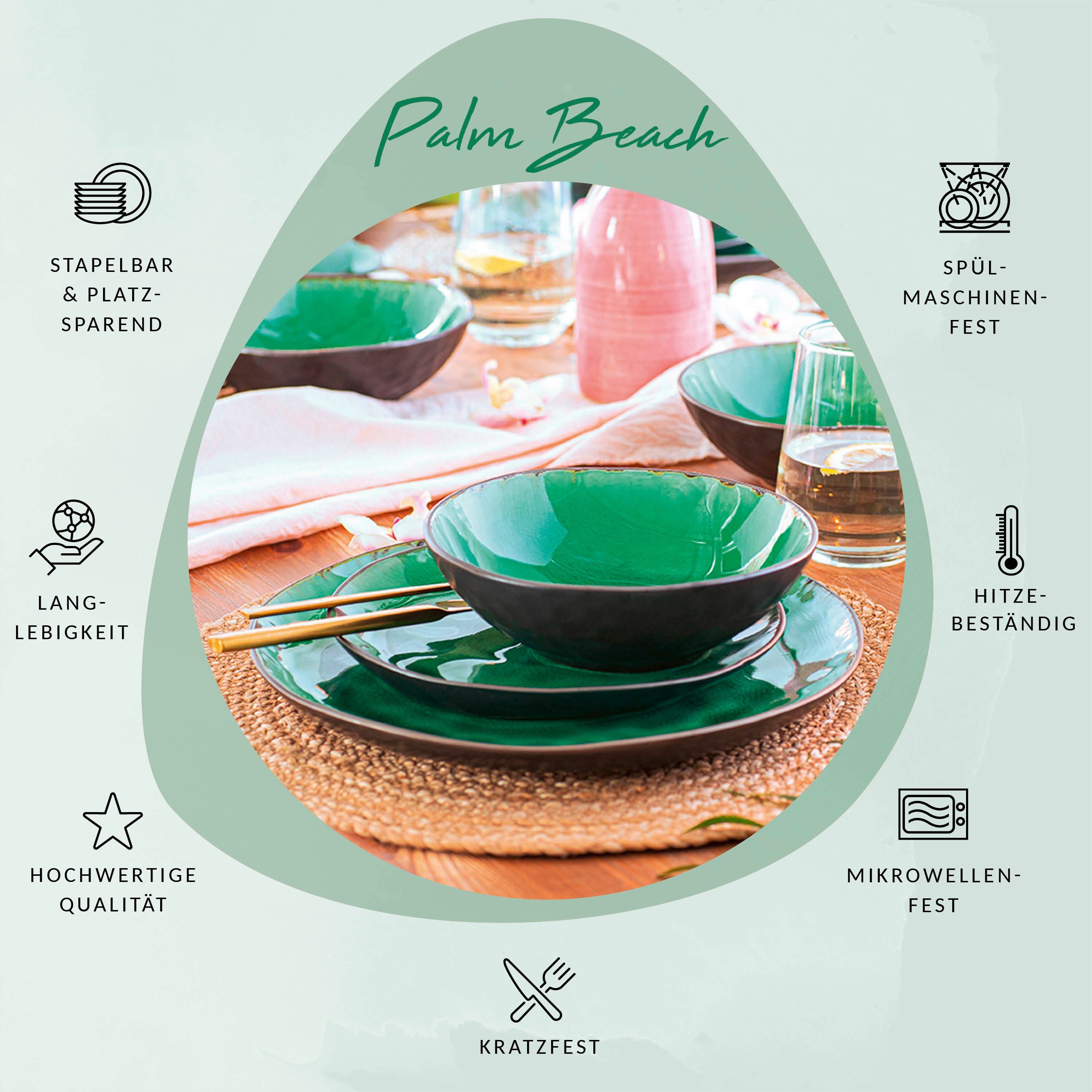 SÄNGER Tafelservice Palm Beach Geschirrset, Grün-Schwarz (12-tlg), 4 Personen, Steingut, Handmade, spülmaschinengeeignet