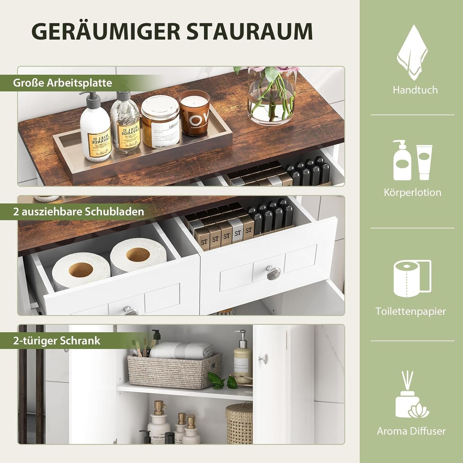 KOMFOTTEU Kommode Badzimmerschrank, mit höhenverstellbarem Regal, 60 x 30 x 75 cm