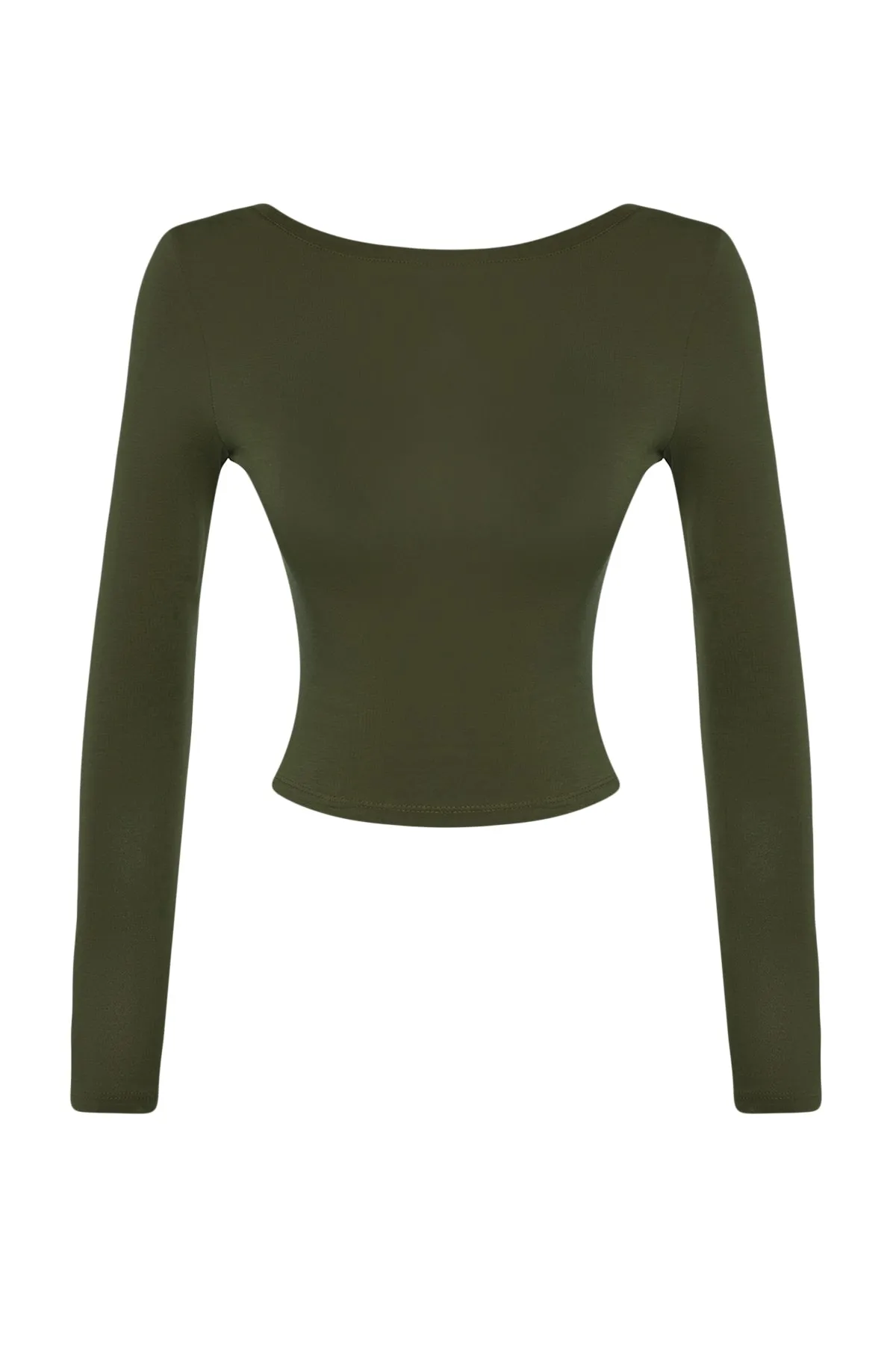 Trendyol Collection  Khakifarbene, tiefe, rückenfreie, taillierte, dehnbare Strickbluse aus Baumwolle TWOAW24BZ00173