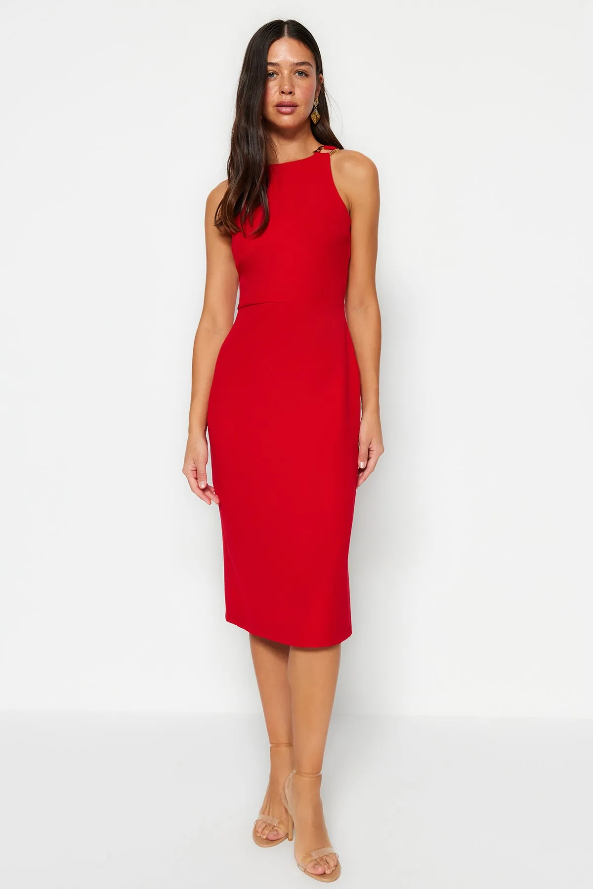 Trendyol Collection  Rotes Accessoire, detailliertes, tailliertes/tailliertes Midi-Webkleid TWOSS23EL02115