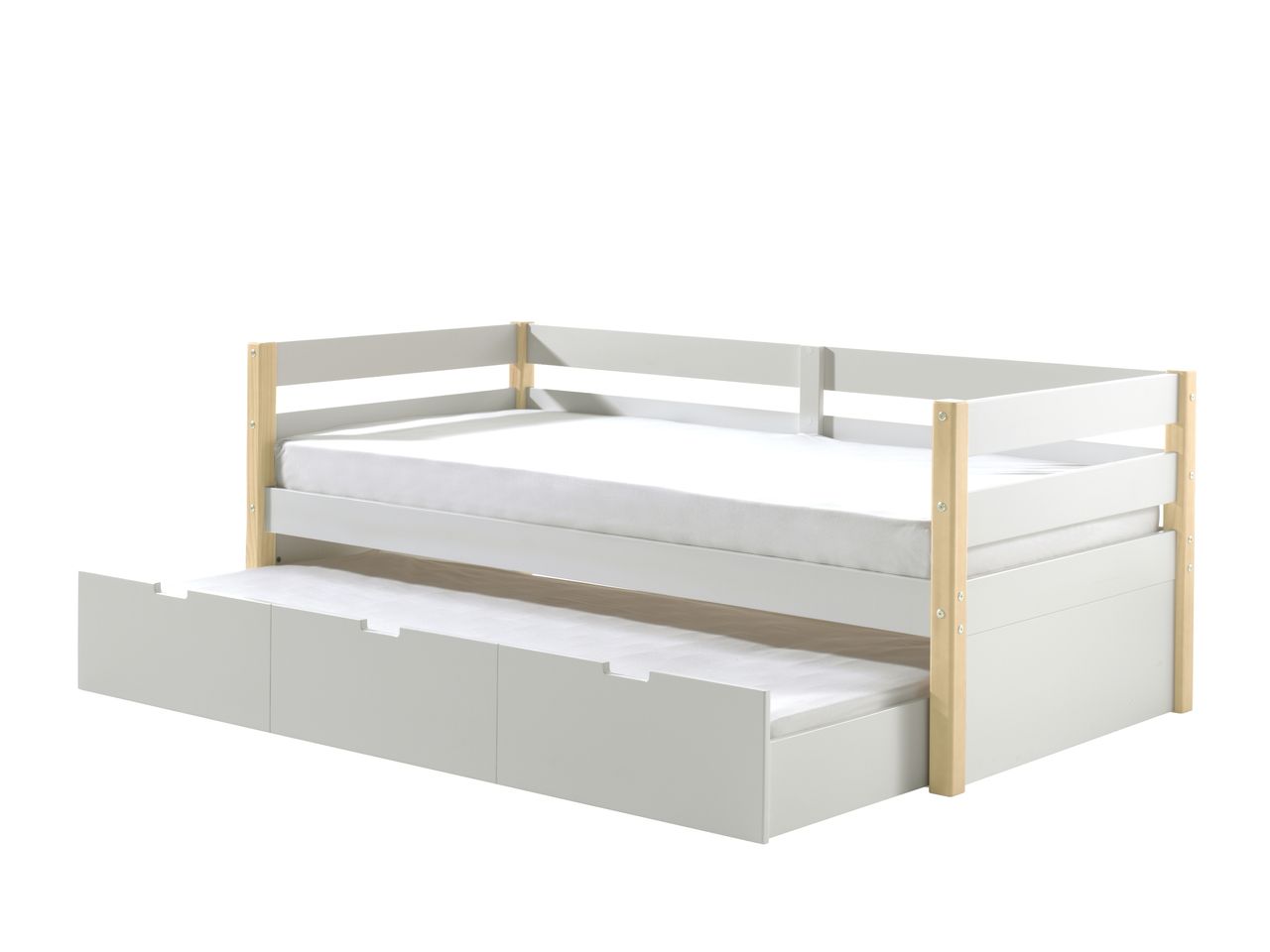 VIPACK Kojen Bett Margrit mit Umrandung u. Rolllattenrost, Liegefläche 90 x 200, inkl. Bettschublade auf Rollen, Ausf. Weiß lackiert, Bettpfosten Kiefer natur lackiert